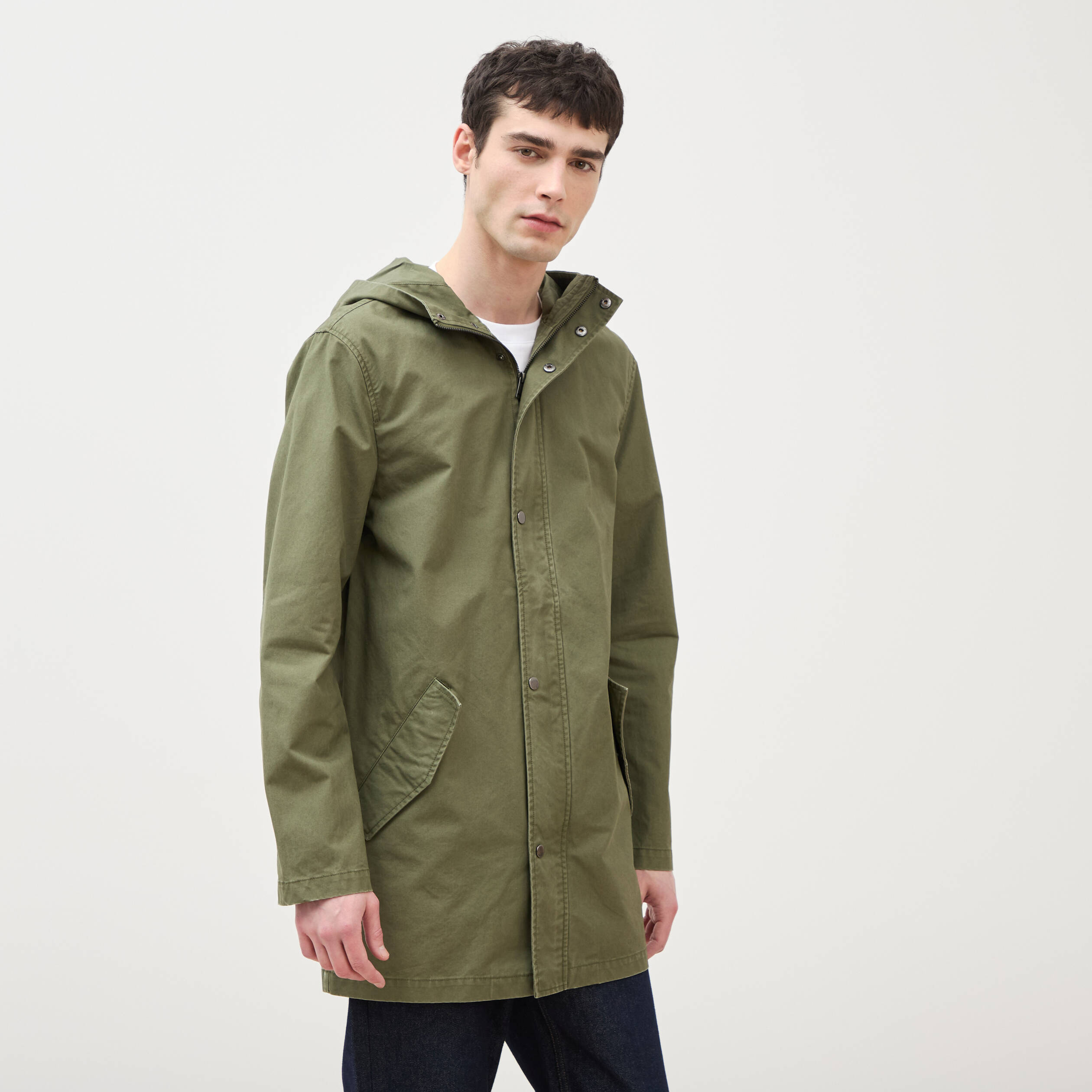 Parka droite mi-longue &agrave; capuche vert kaki homme