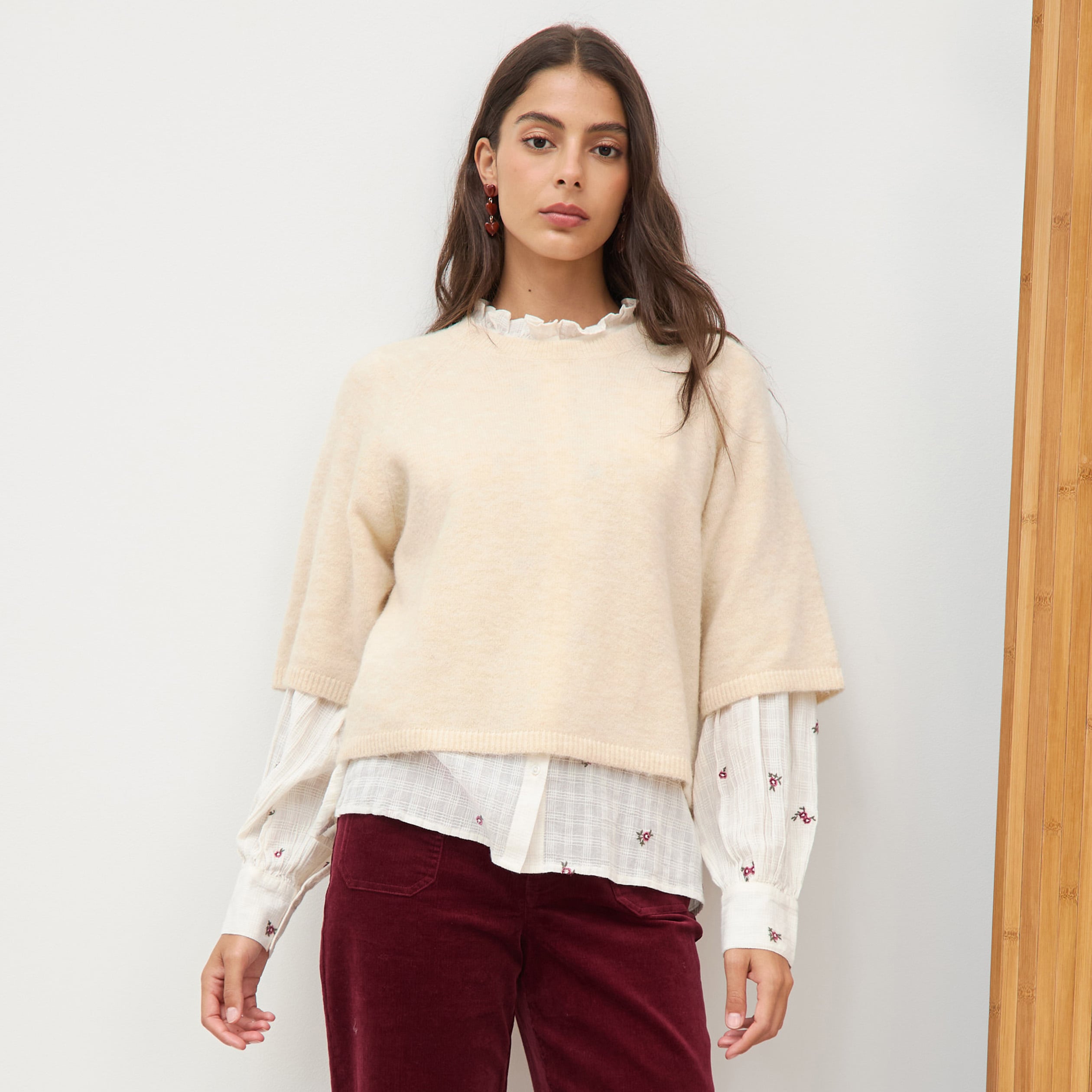 Pull droit col rond manches courtes ivoire femme