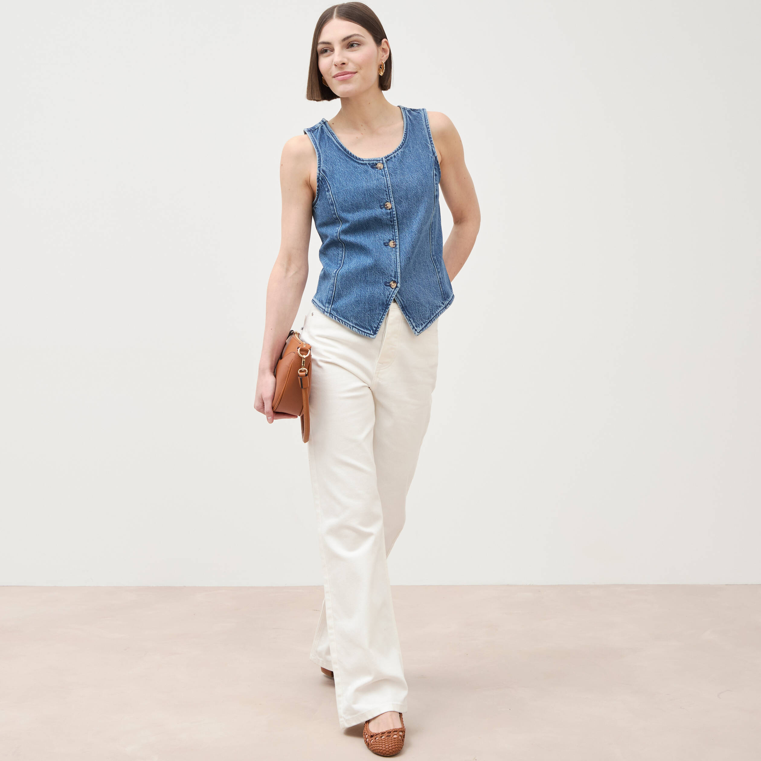 Gilet en jeans sans manches col rond denim used femme