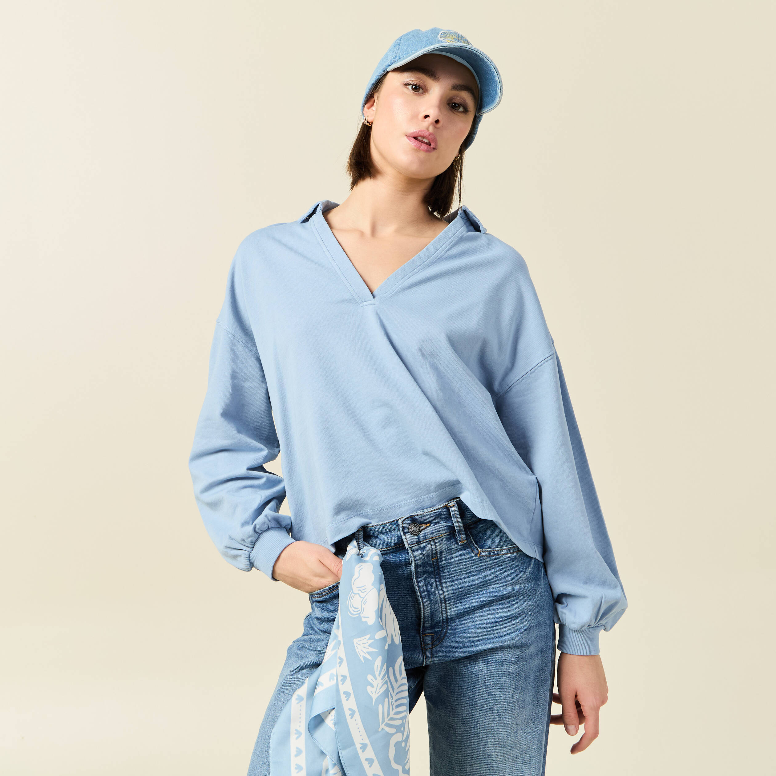 sweat manches longues col polo bleu clair femme Sweat manches longues col polo bleu clair femme