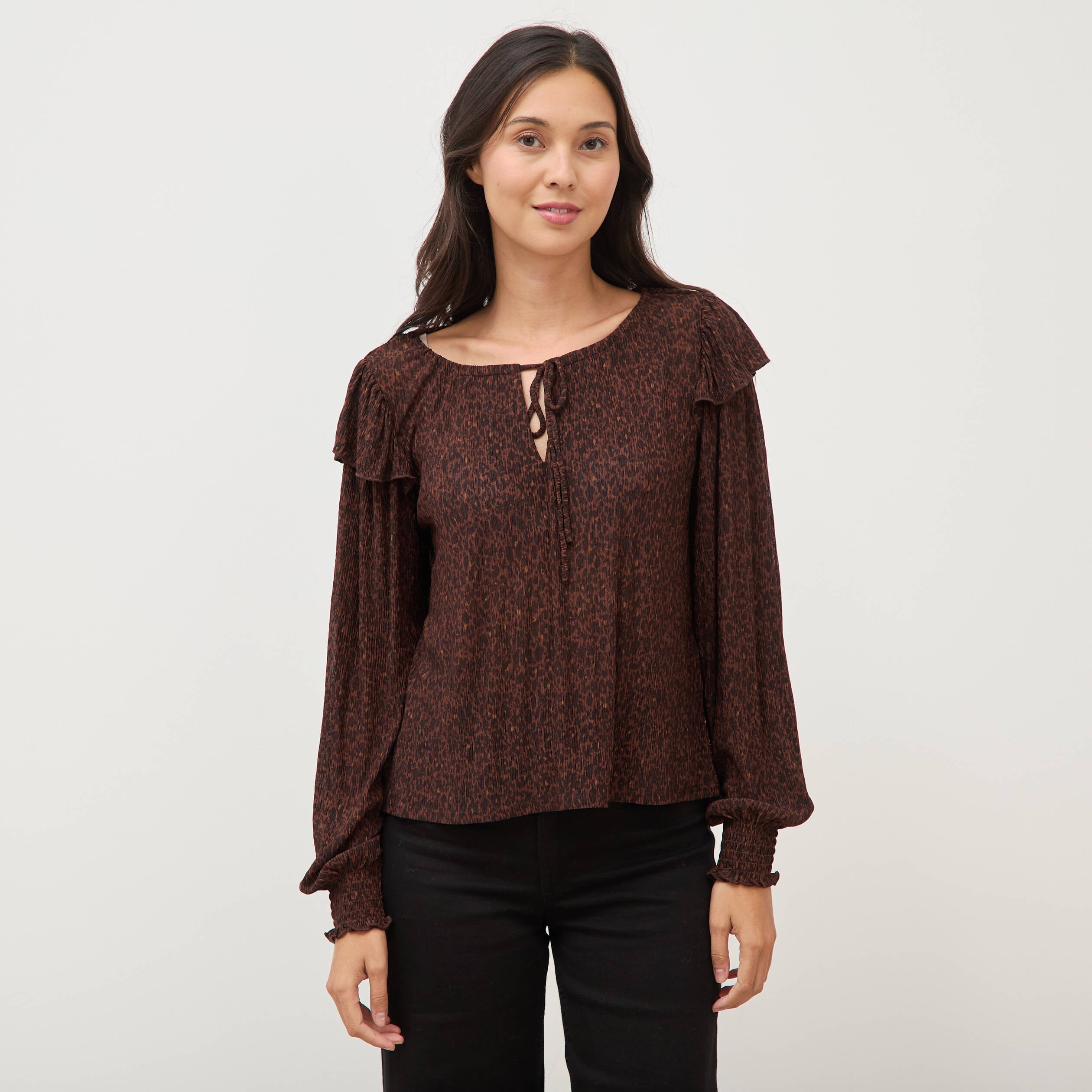 Blouse droite manches longues col rond marron chocolat femme