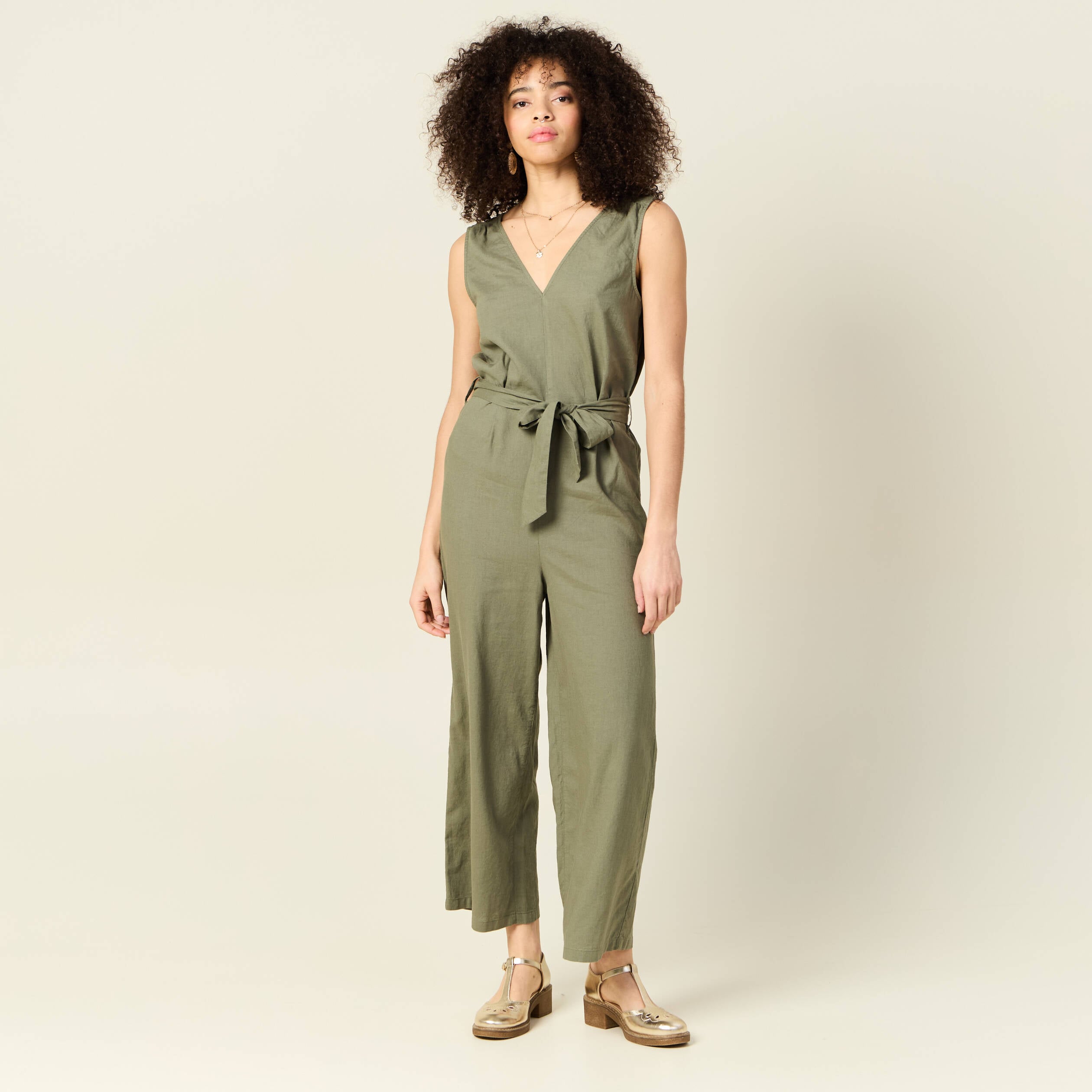 Combinaison salopette fines bretelles vert kaki femme