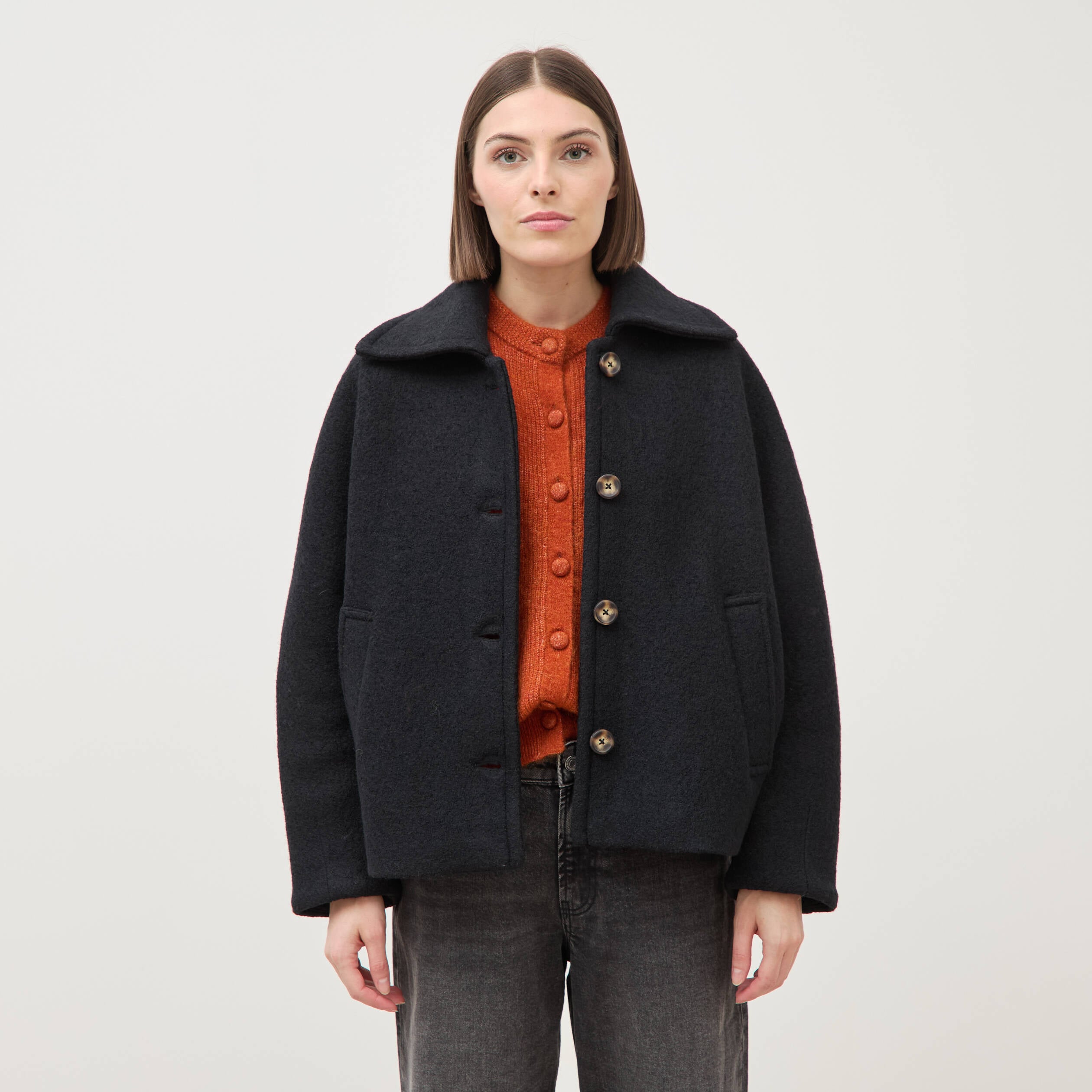 Manteau oversize court col tailleur noir femme