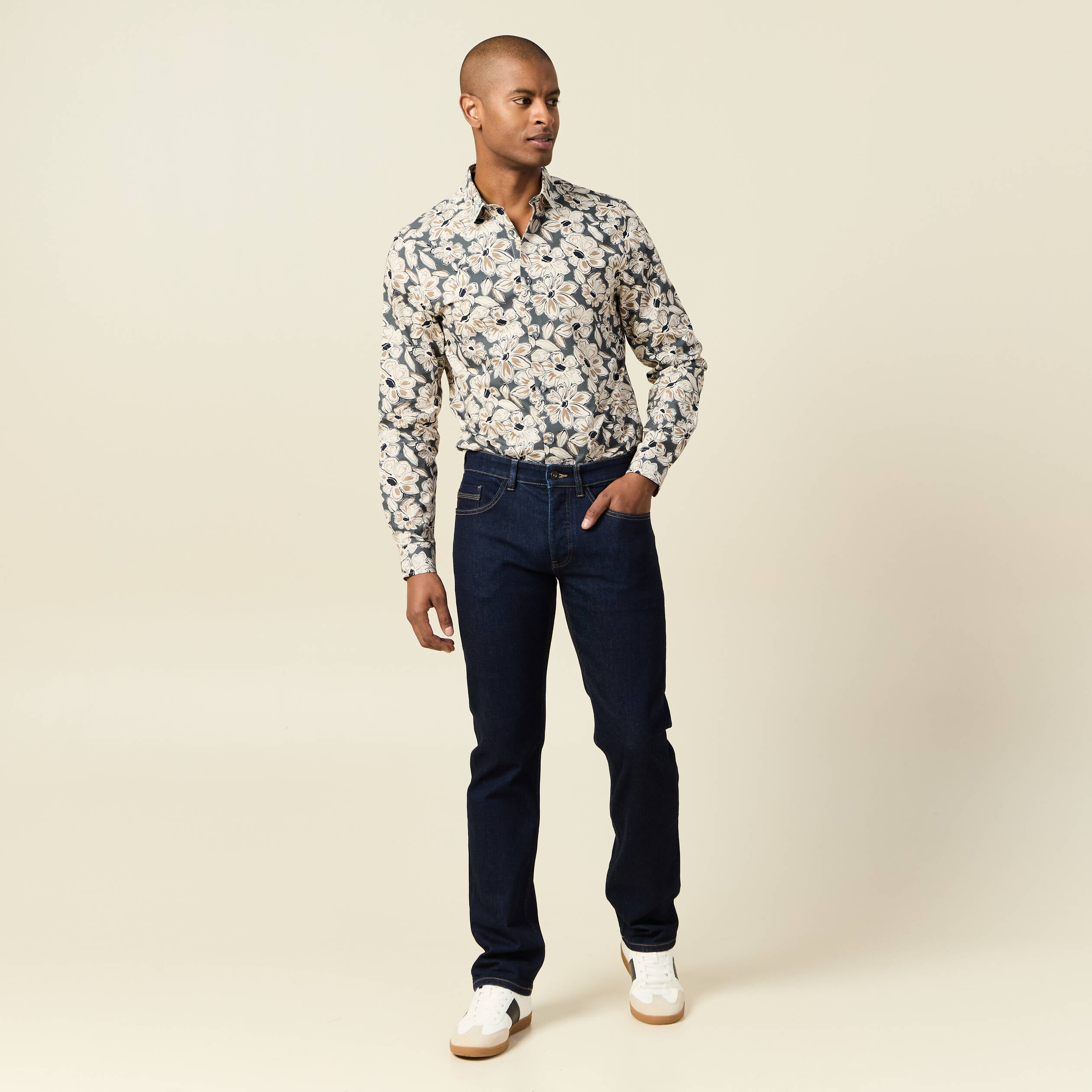 Chemise en coton manches longues beige homme