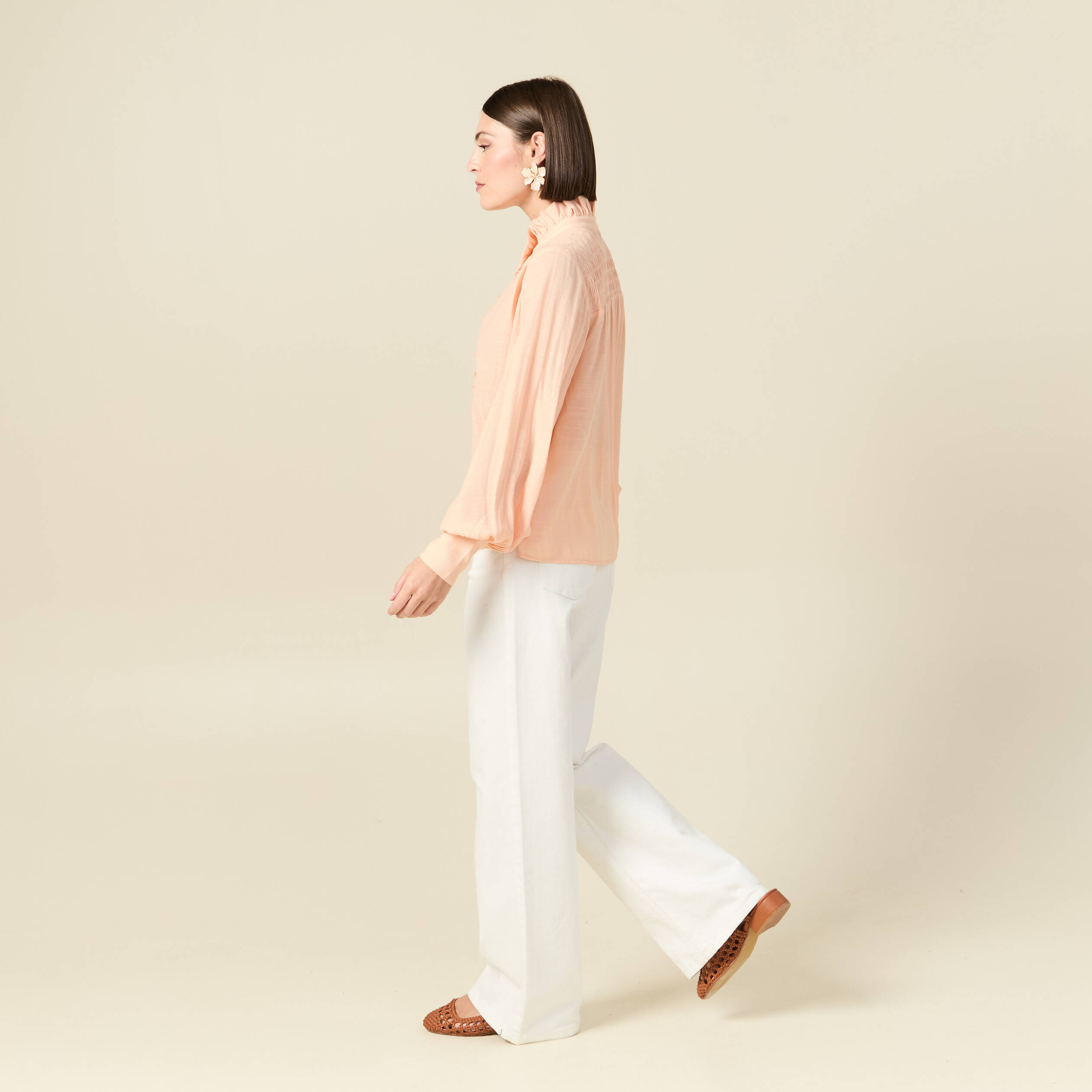 Chemise manches longues col montant rose champagne femme