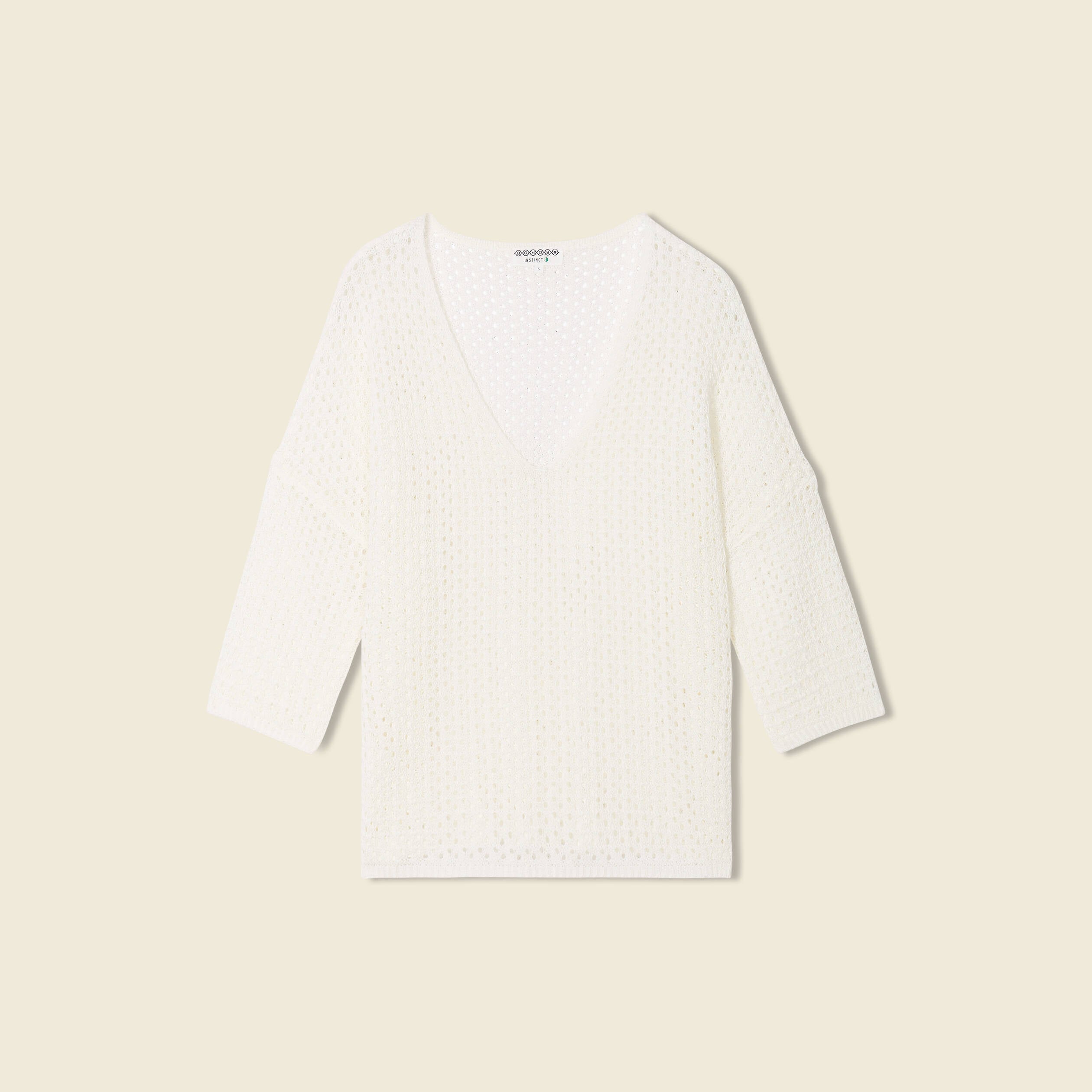 Pull ajour&eacute; col v manches 3/4 ecru femme