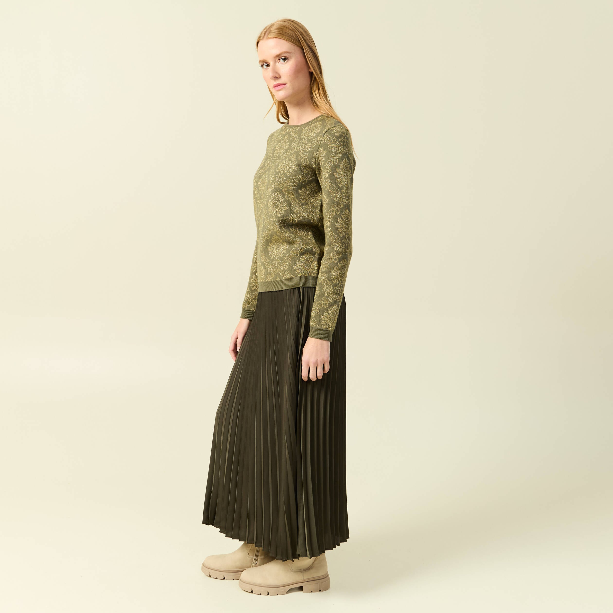 Pull manches longues col rond vert kaki femme