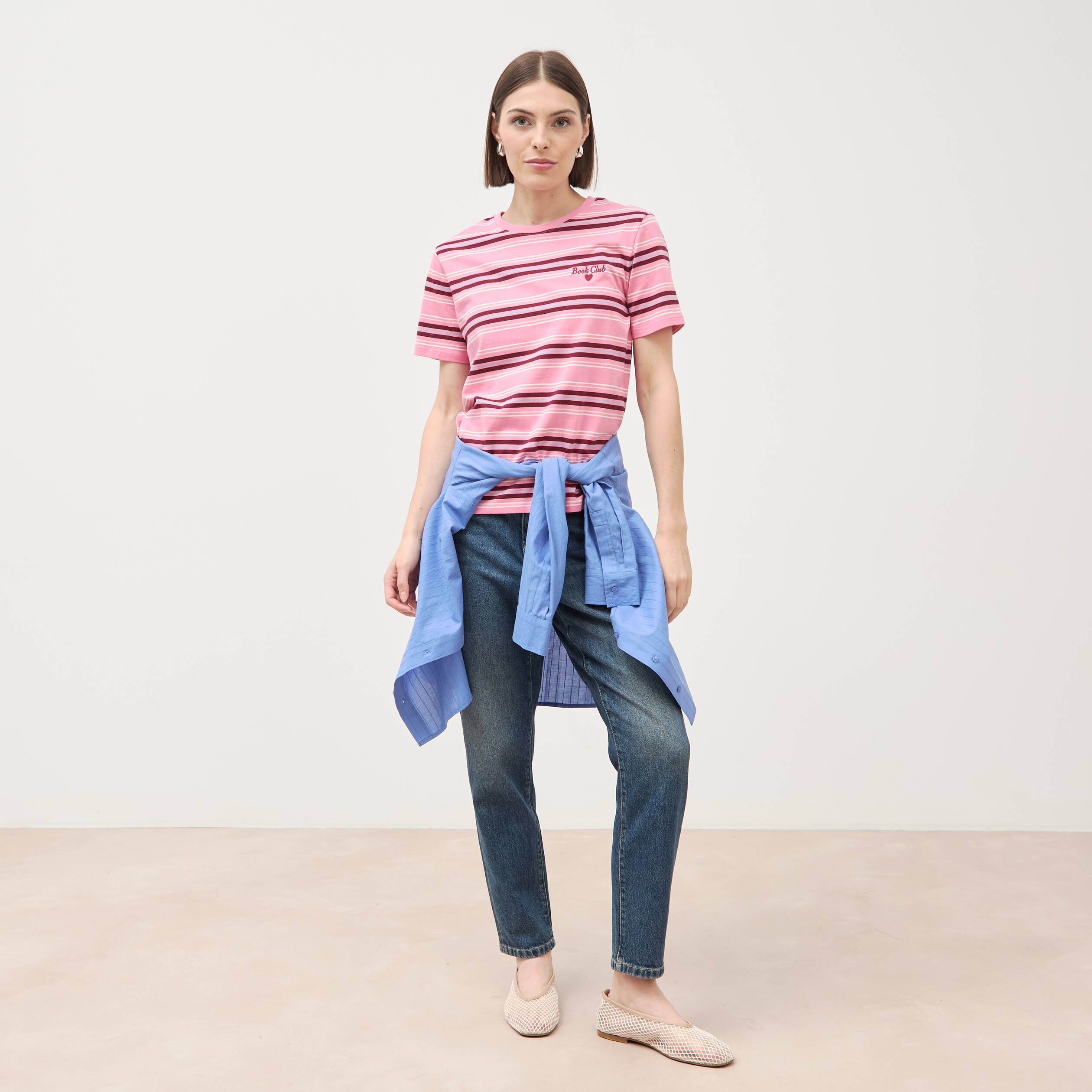 T-shirt ray&eacute; col rond manches courtes vieux rose femme