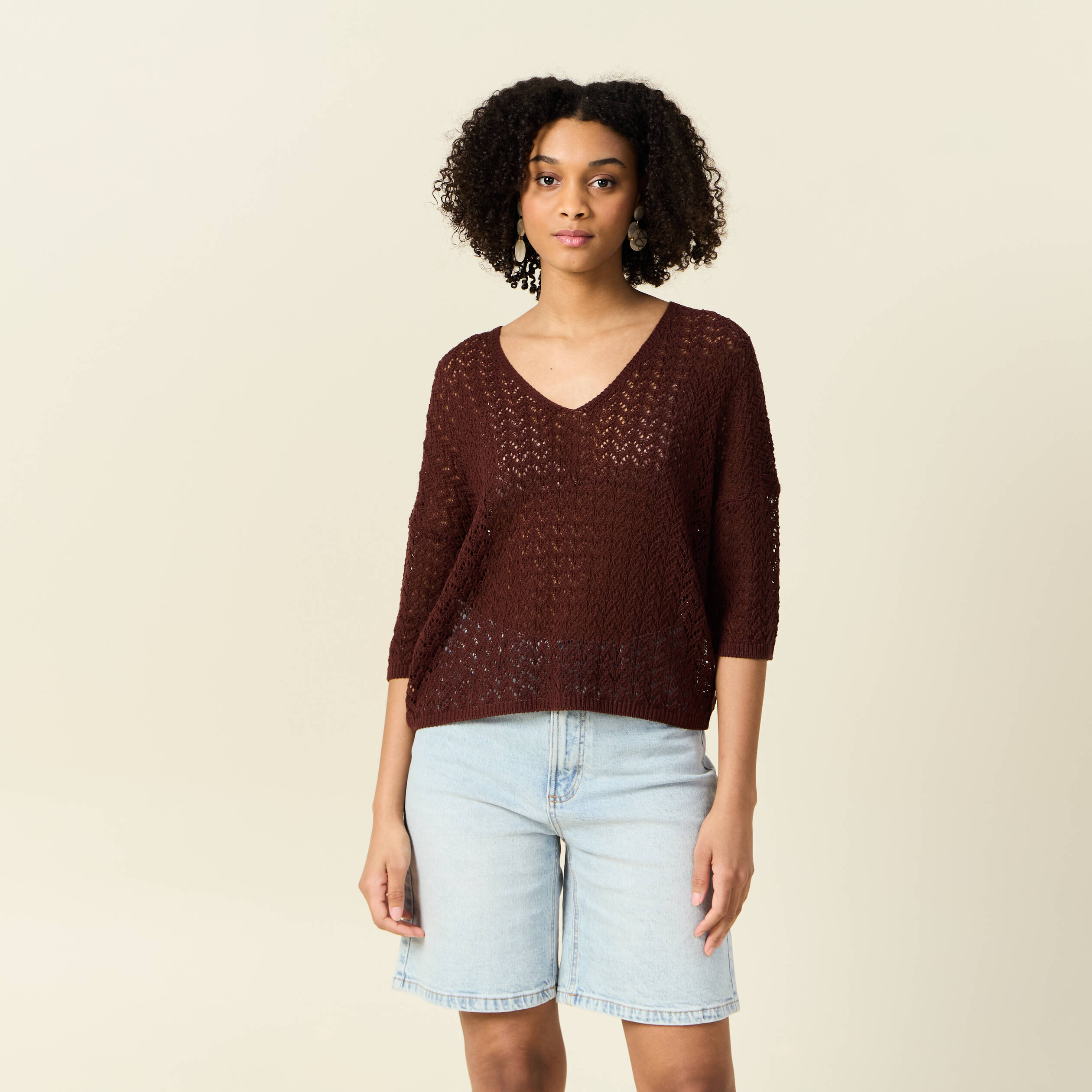 pull manches 34 ajoure bordeaux femme Pull manches 3/4 ajouré bordeaux femme