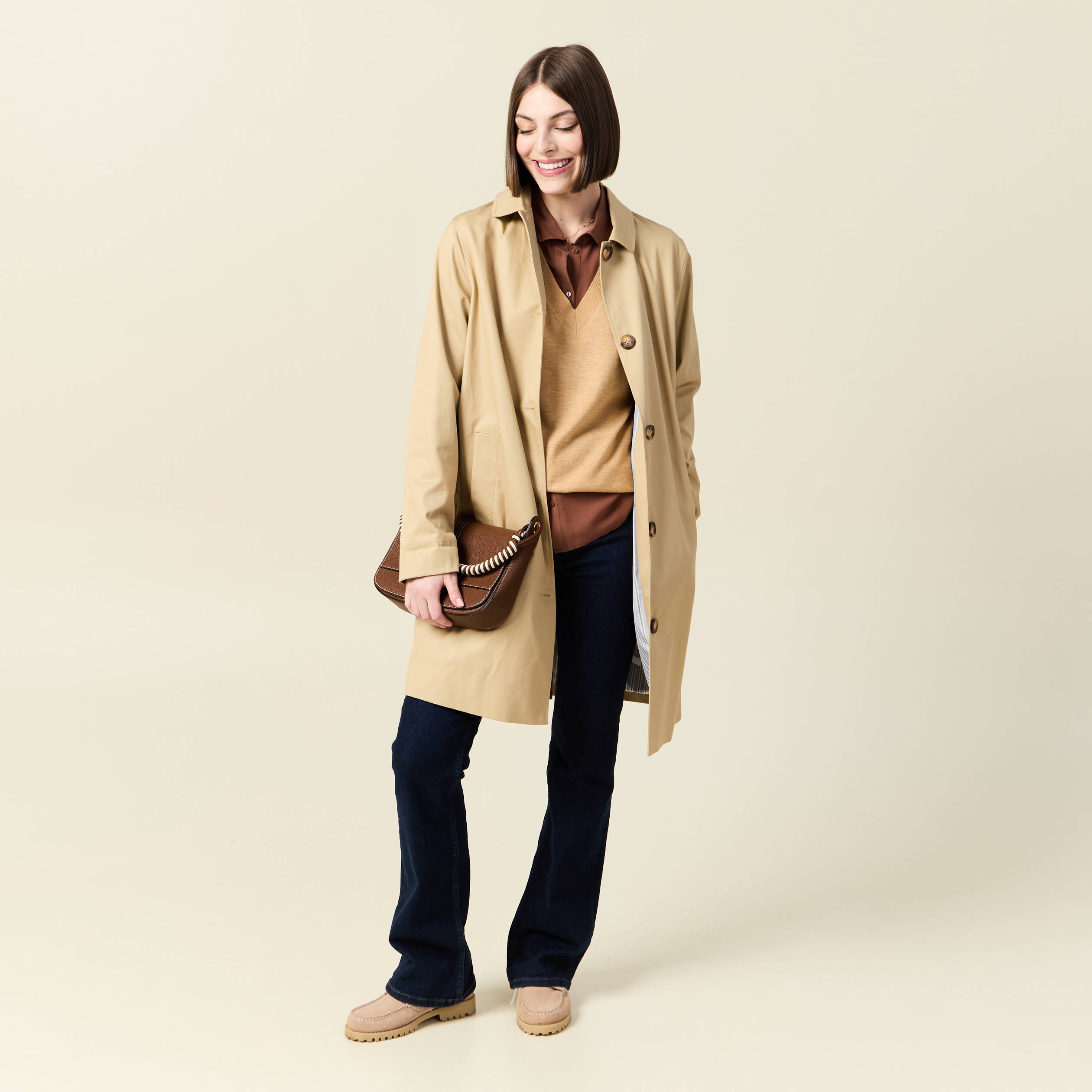 pull fin col v manches longues marron clair femme Pull fin col V manches longues marron clair femme