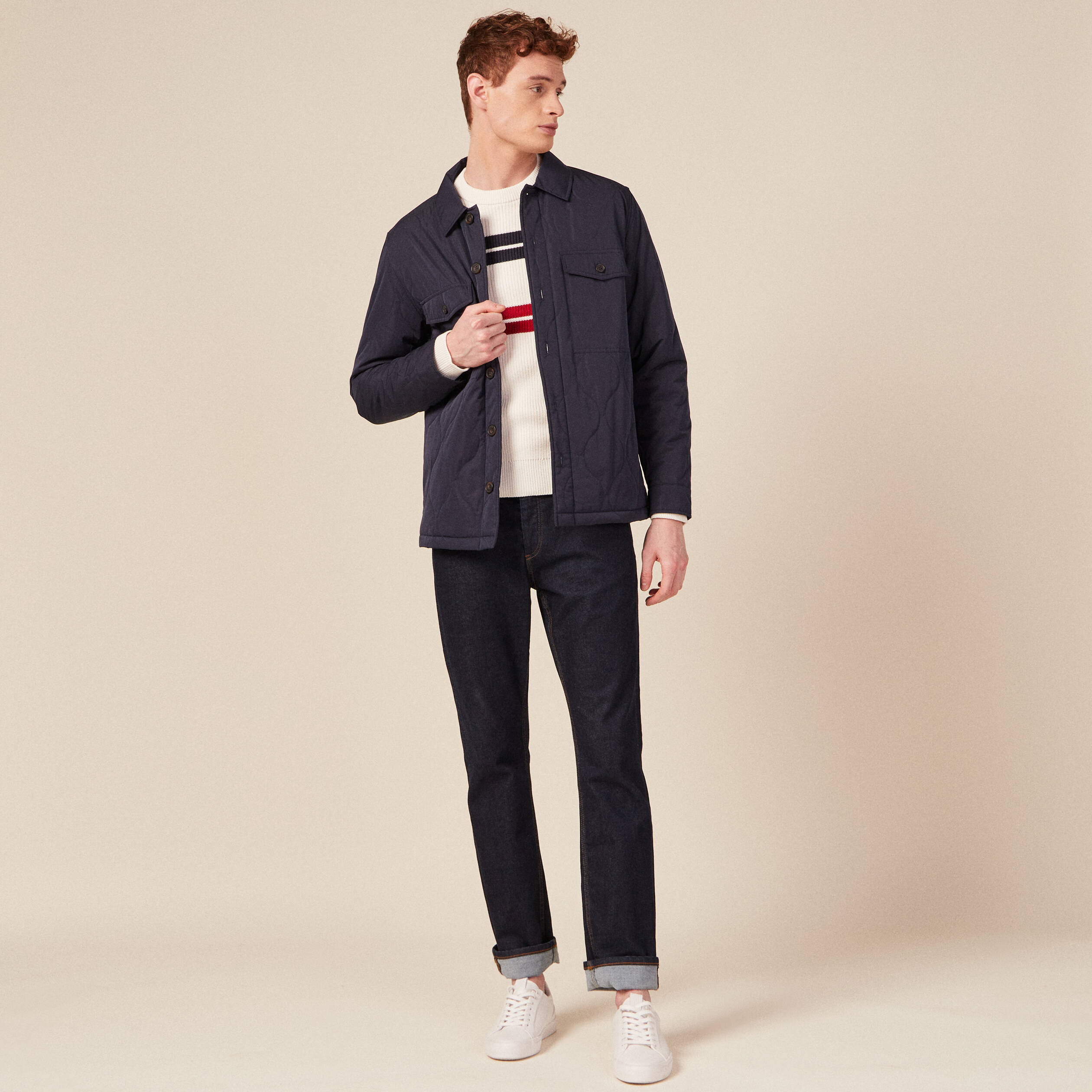 Pull fin ray&eacute; col rond manches longues ecru homme