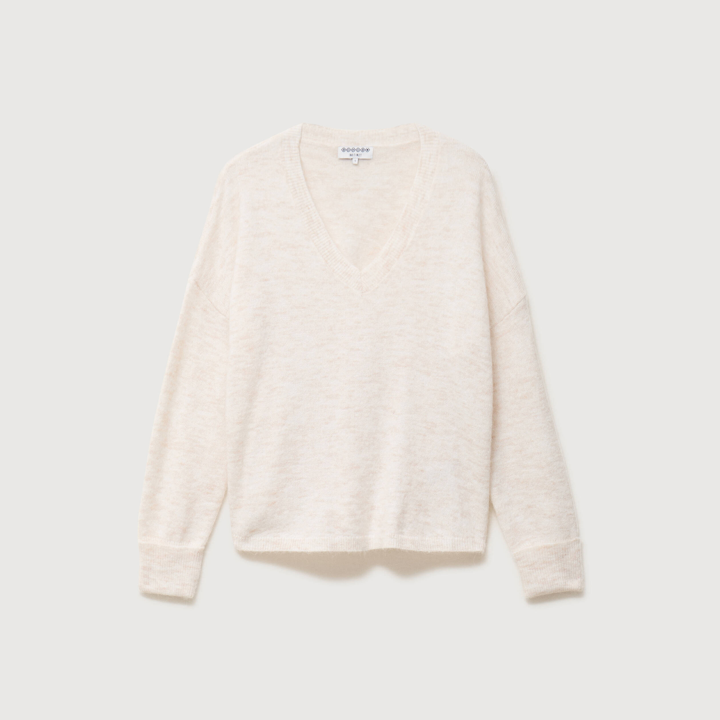 Pull droit col v manches longues creme femme