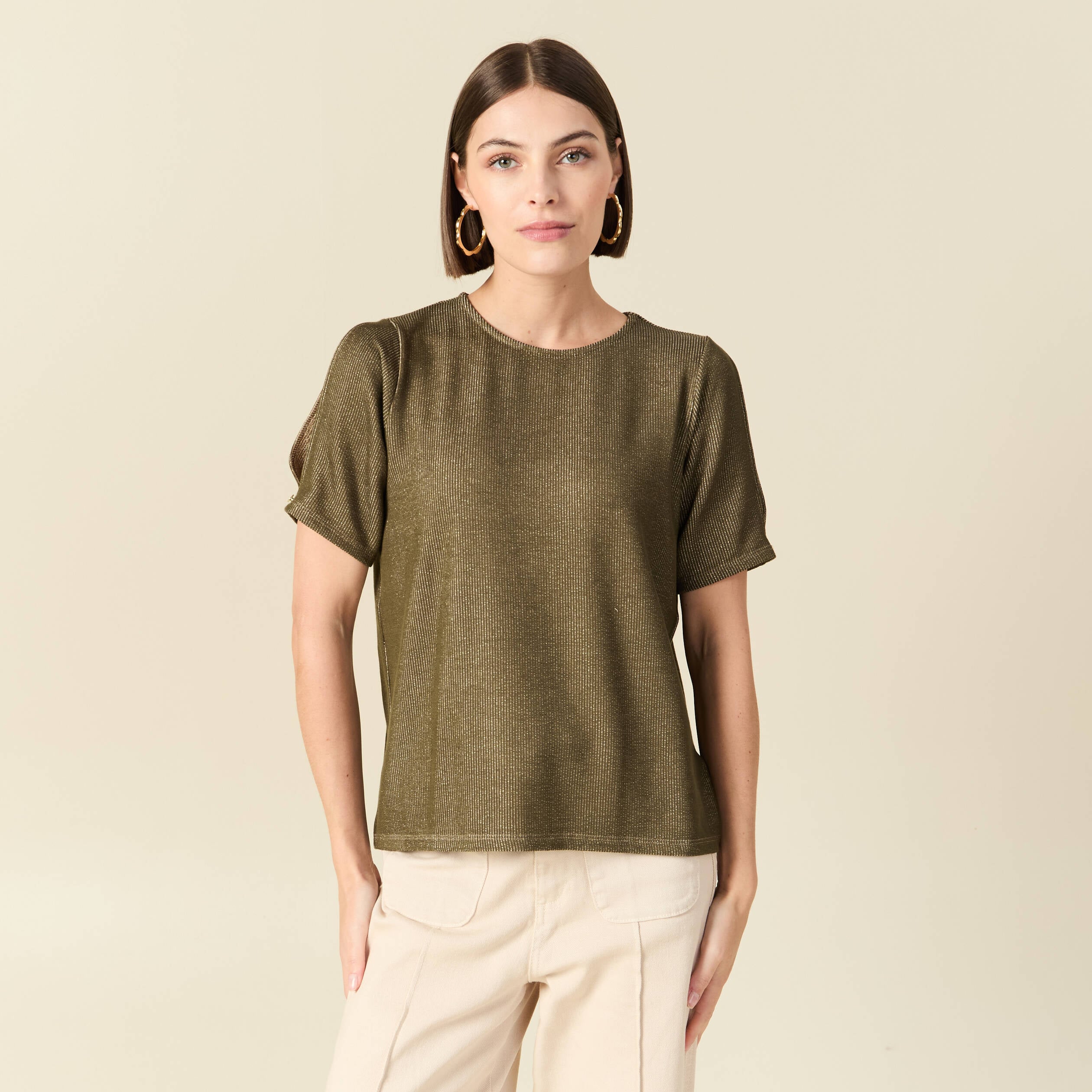 T-shirt manches courtes brillant vert kaki femme