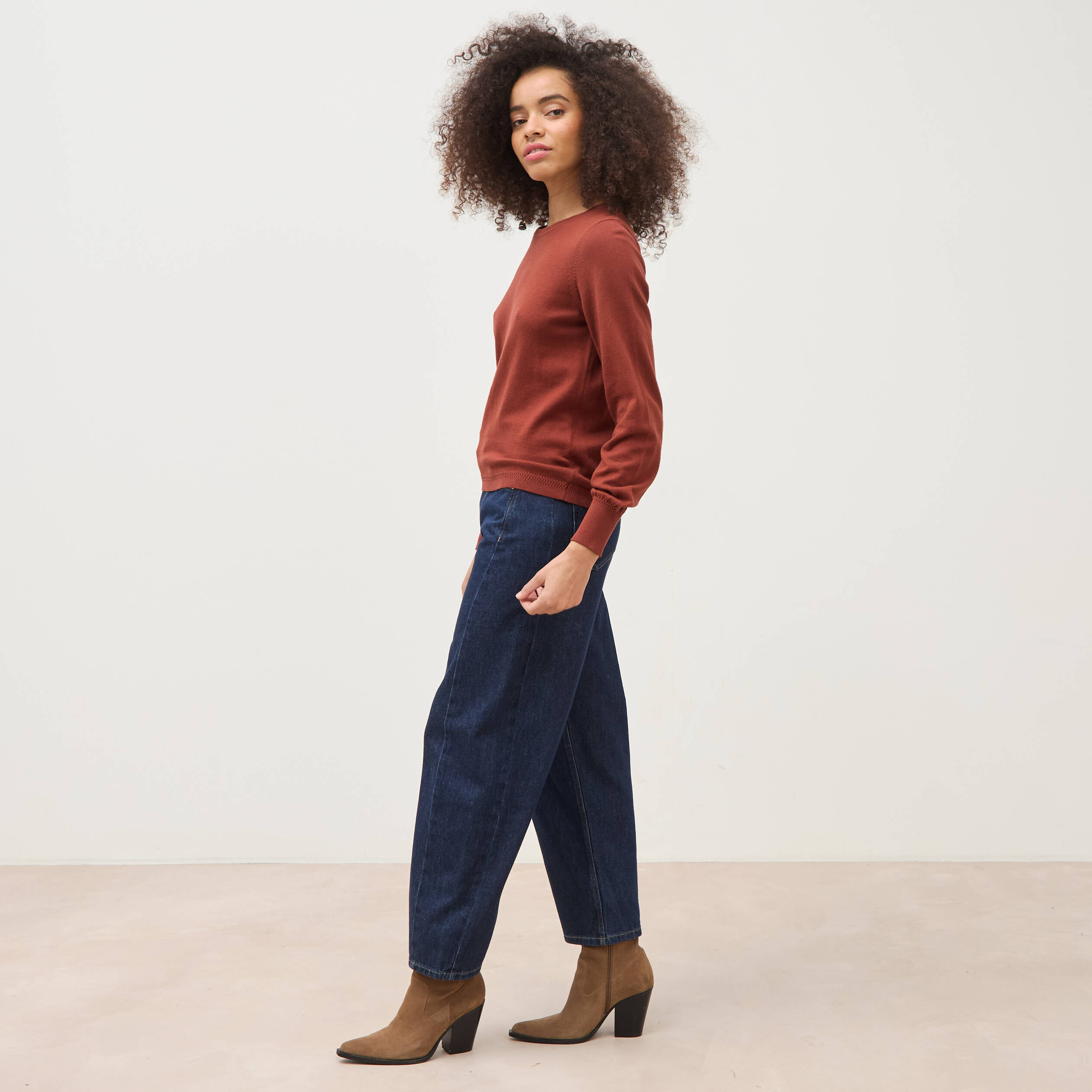 Pull manches longues marron cognac femme