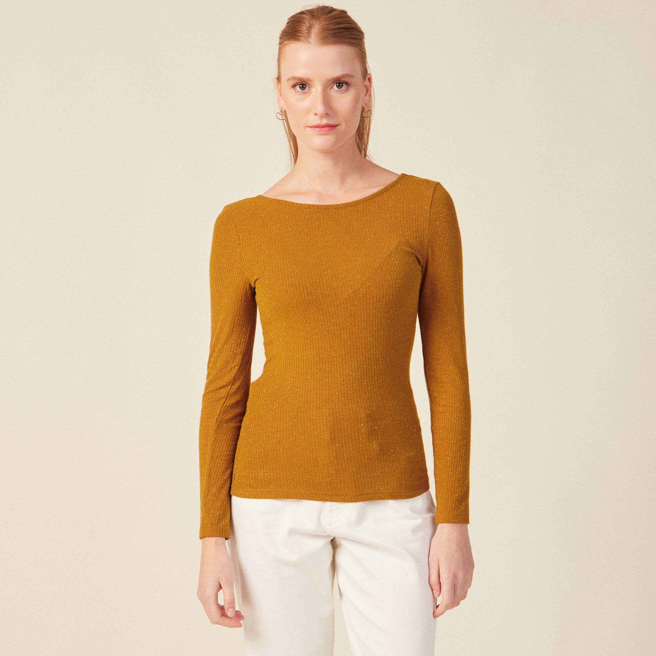 t shirt manches longues brillant marron cognac femme T-shirt manches longues brillant marron cognac femme