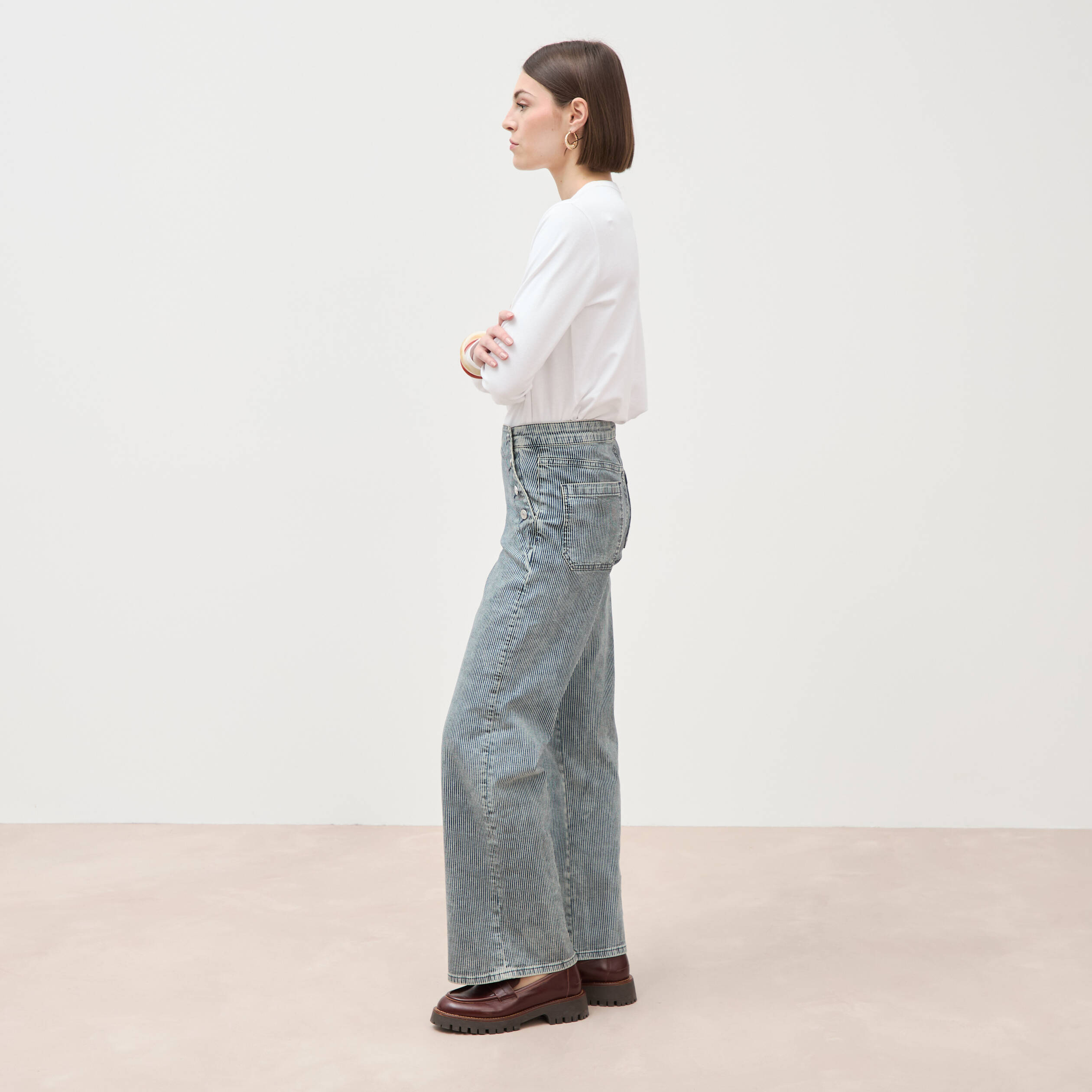 Pantalon large &agrave; pont taille haute denim used femme