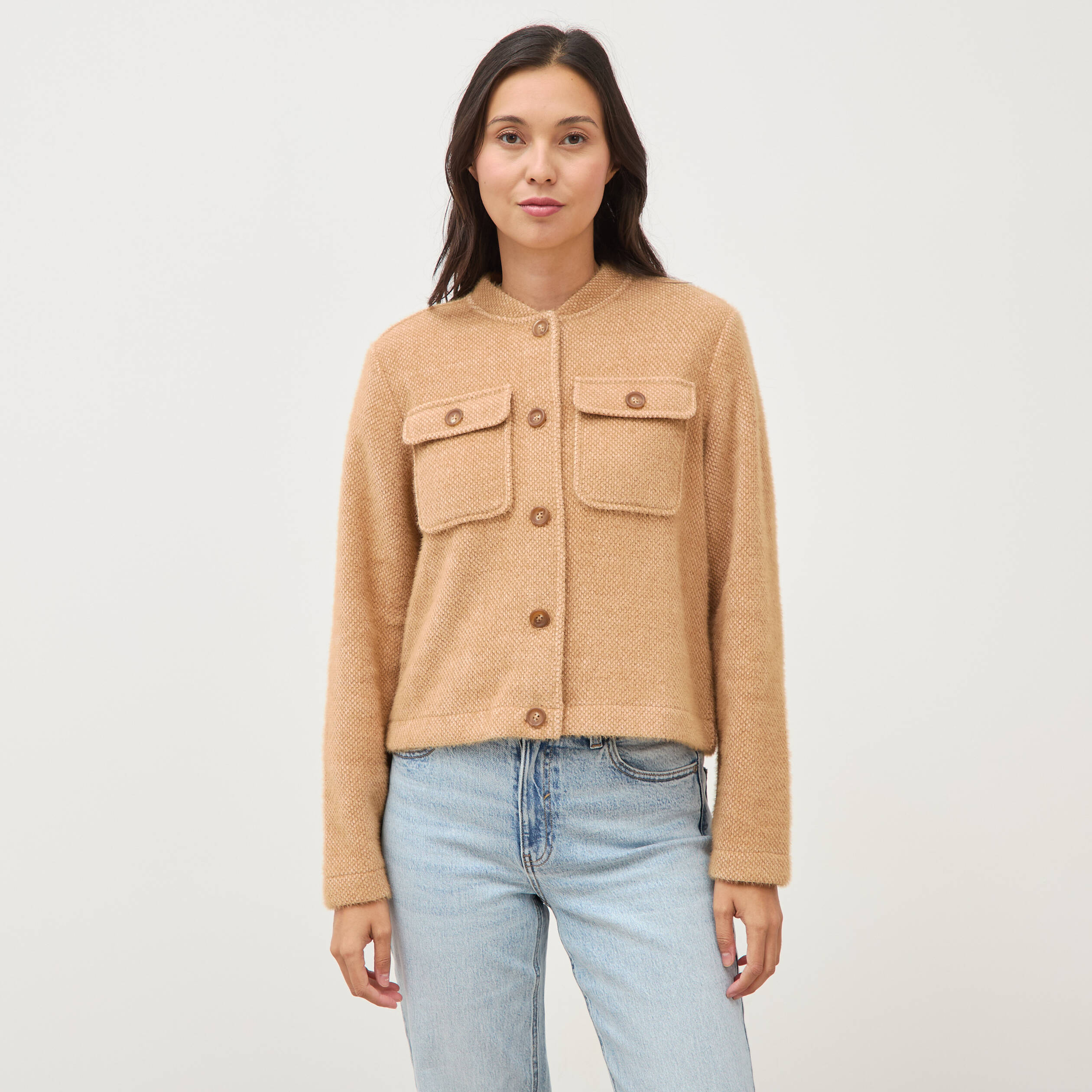 Gilet droit manches longues col mao camel femme