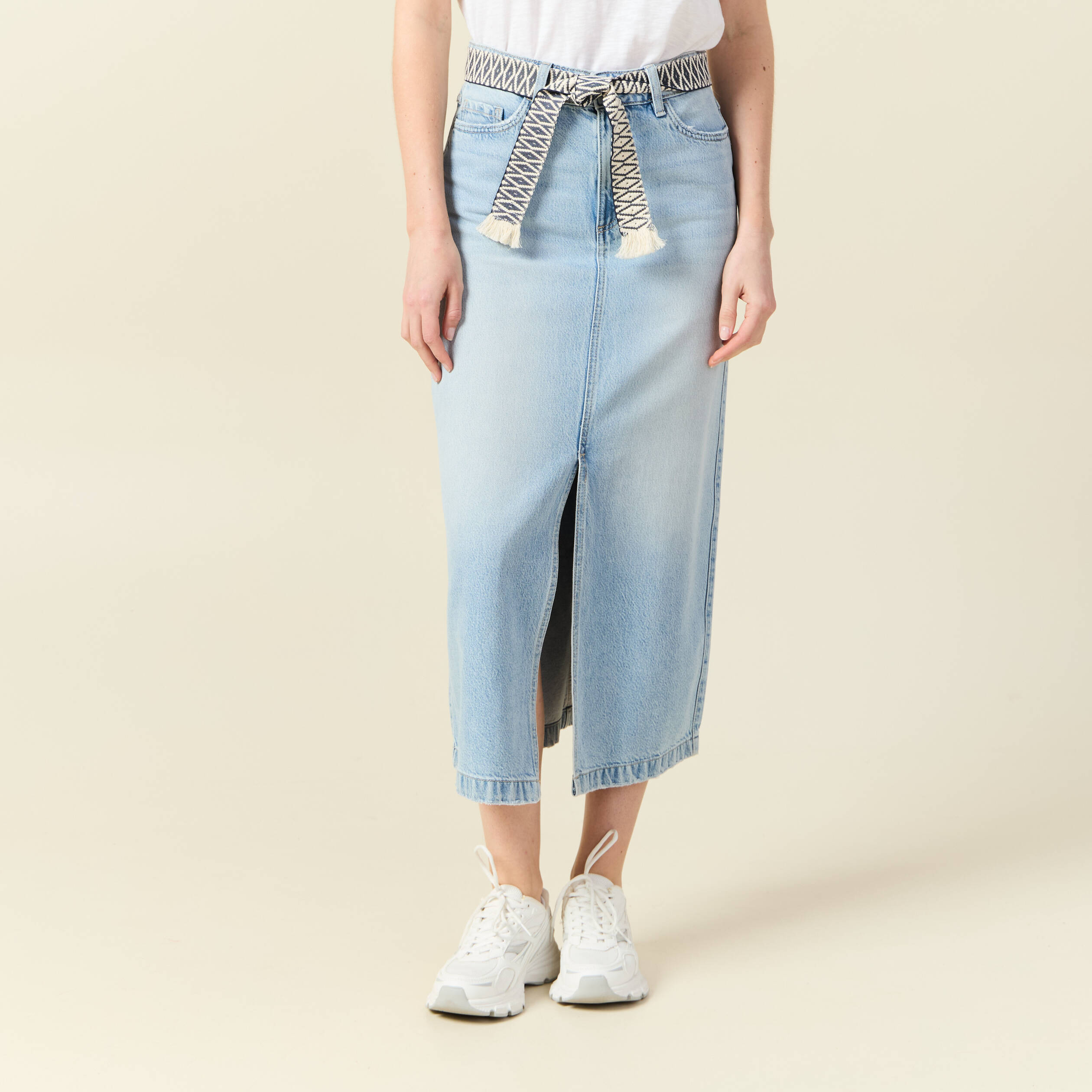 Jupe longue droite en jean denim bleach femme
