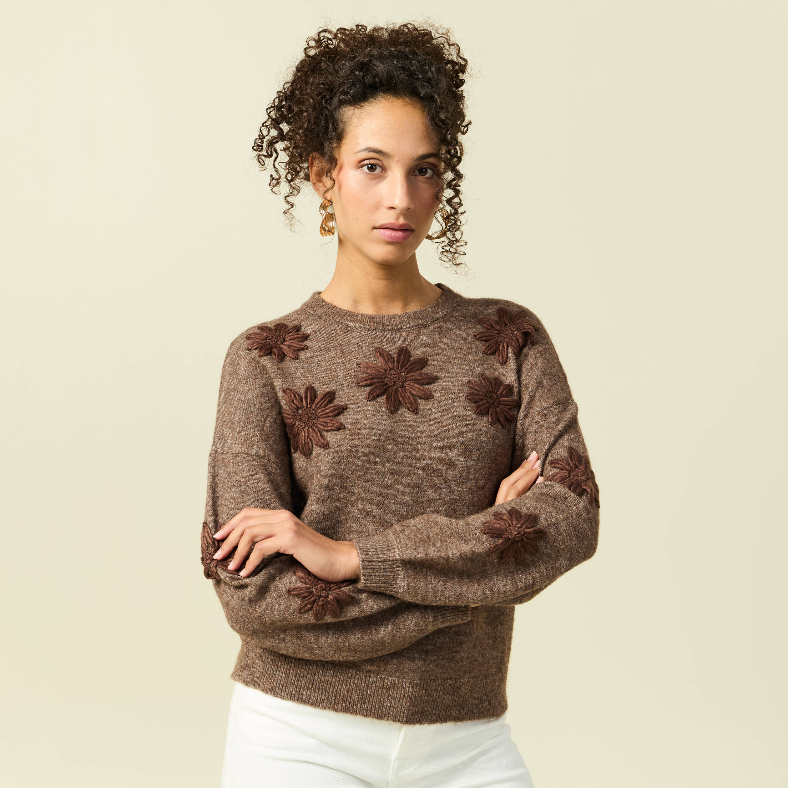 Pull manches longues col rond marron femme