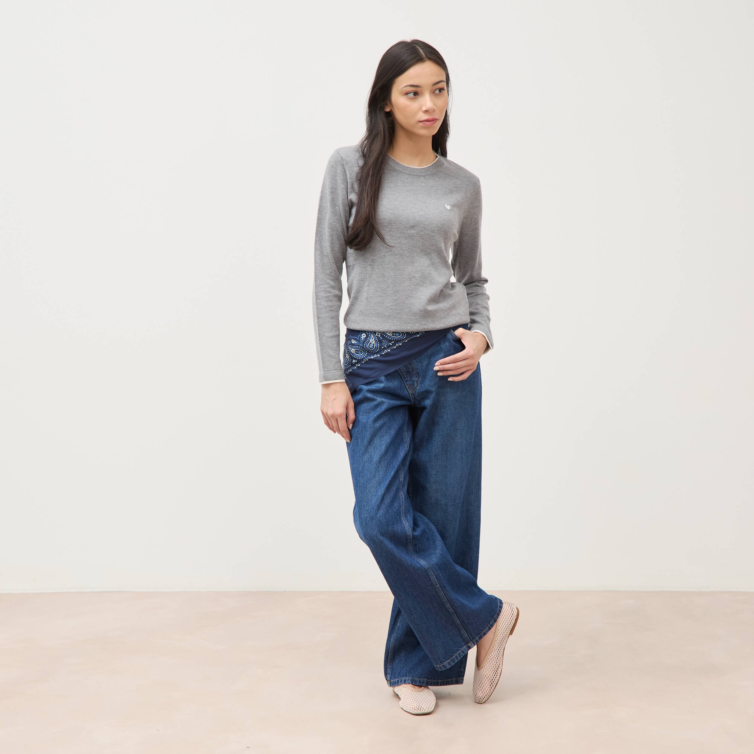 Pull fin col rond manches longues gris clair femme