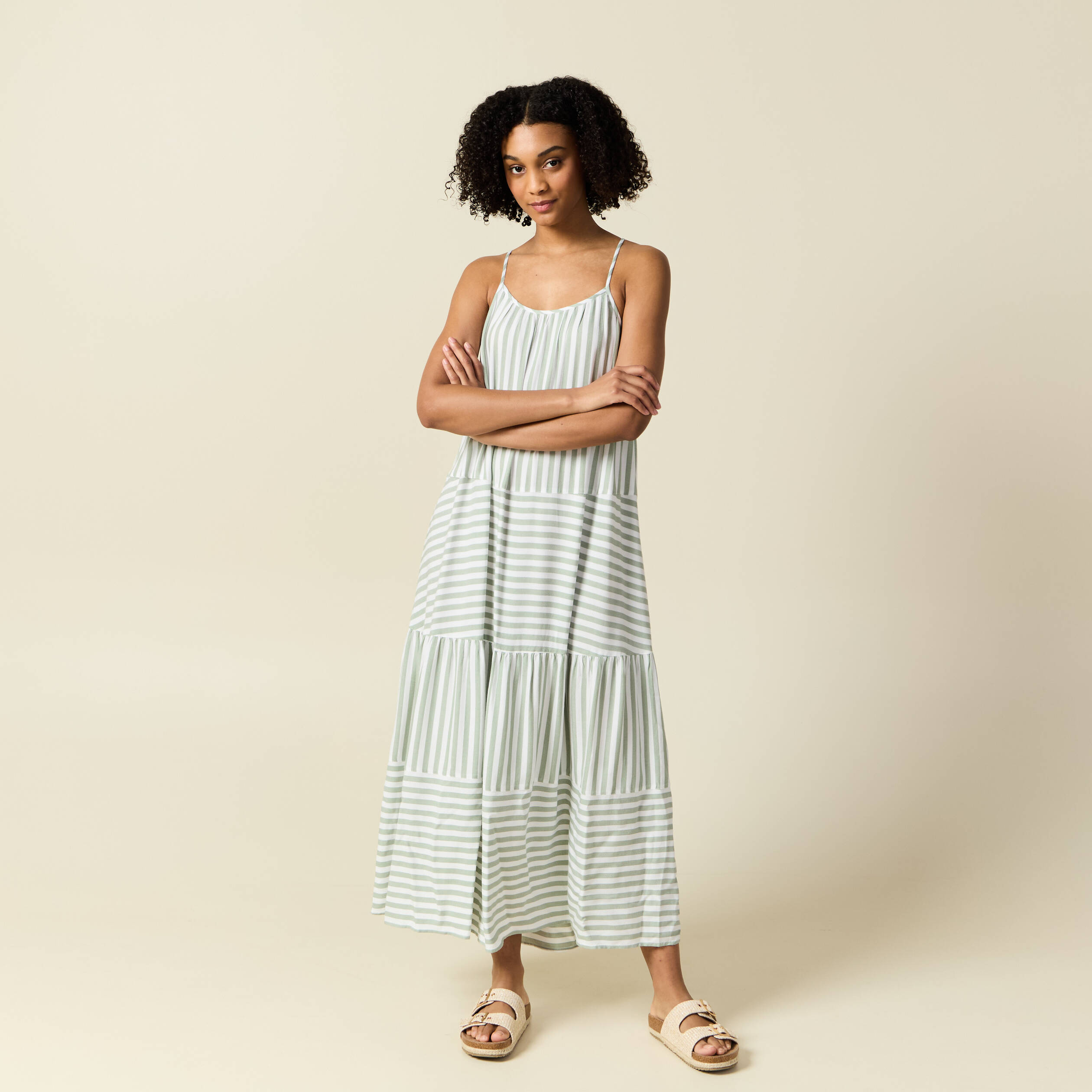Robe longue droite bretelles vert olive femme