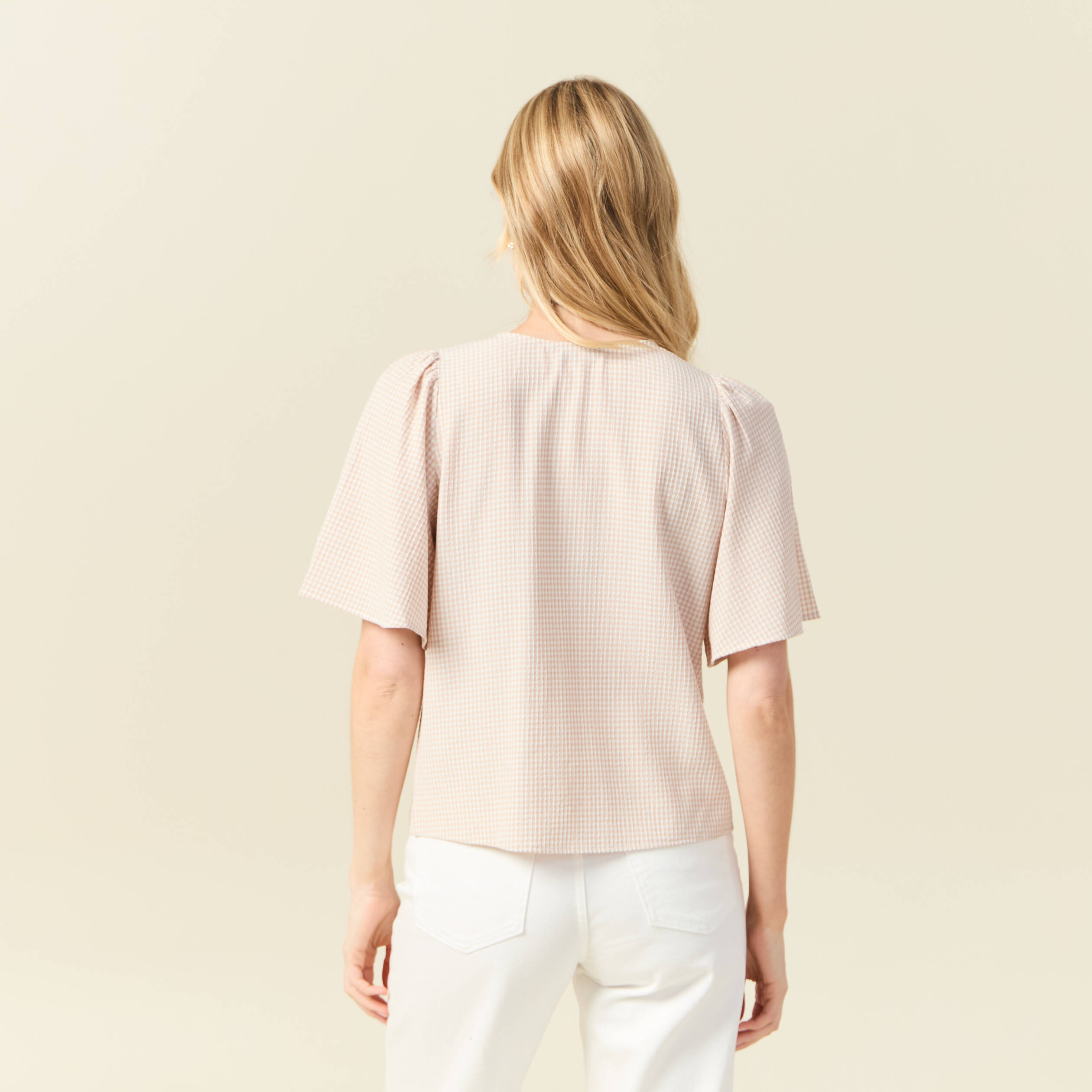 Blouse manches courtes nouée marron clair femme