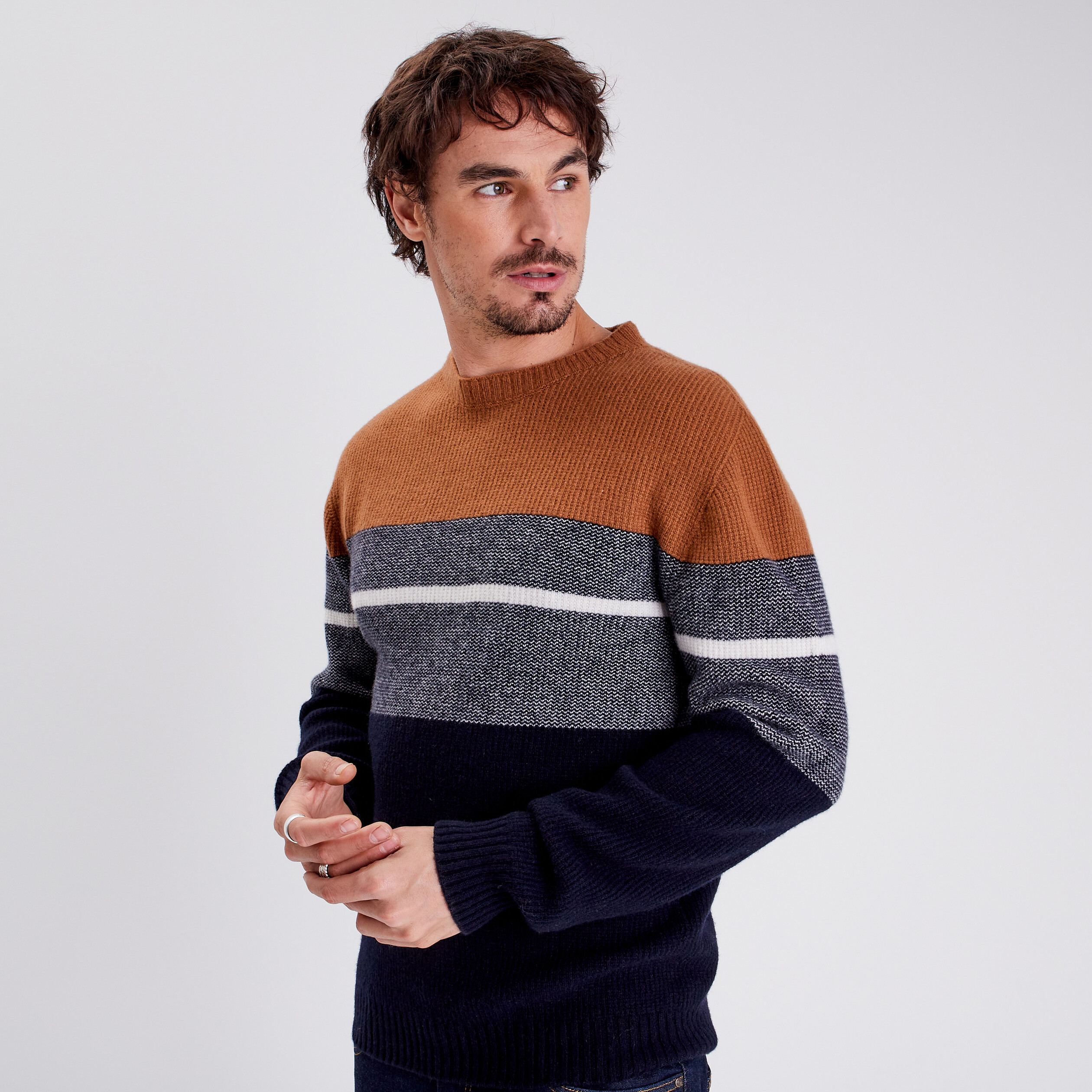 Pull homme tricoté 3D PLANETE beige made in France coton bio