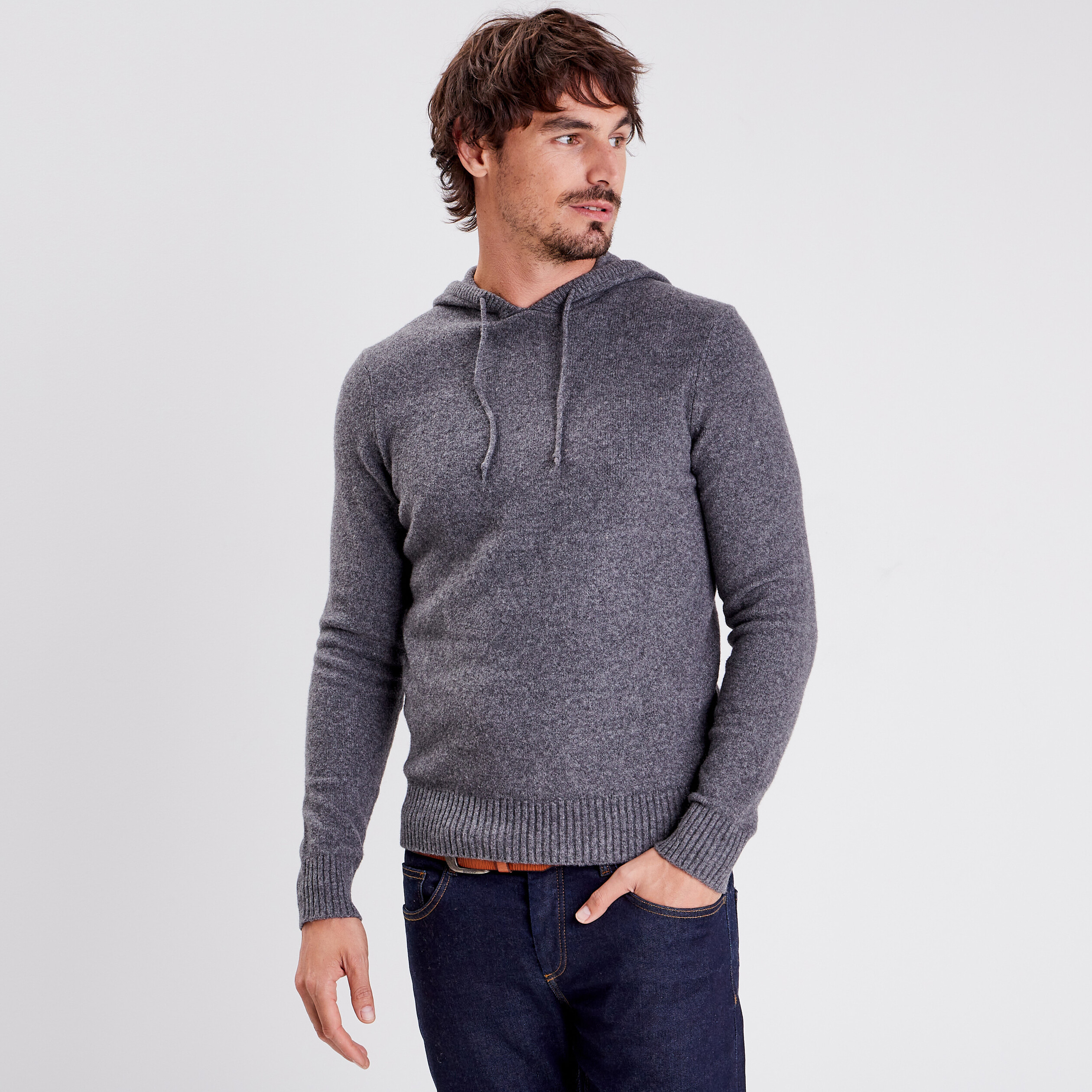 Pull manches longues à capuche gris foncé homme