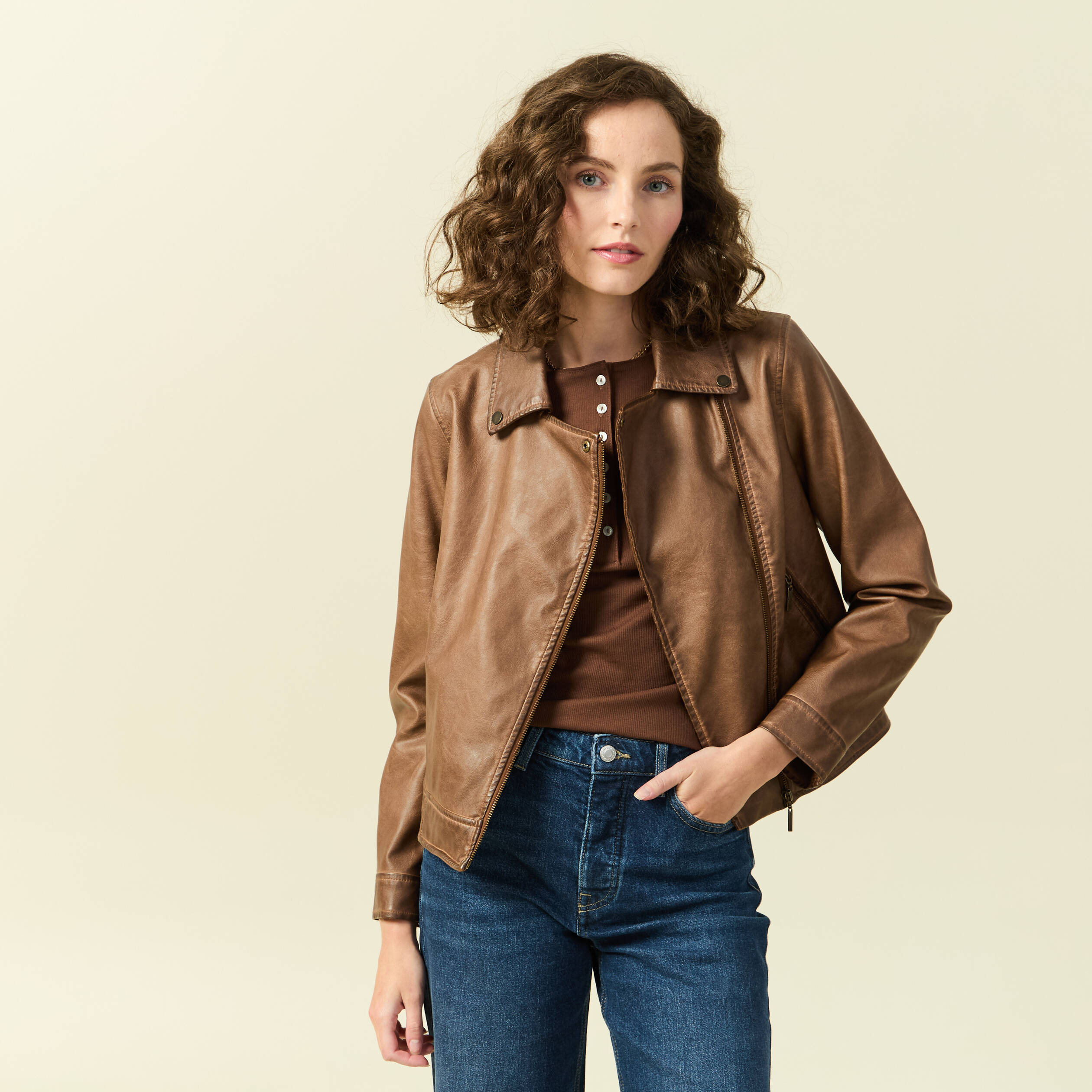Bonobo Blouson Veste Femme Simili Cuir Marron Veste Cuir Marron