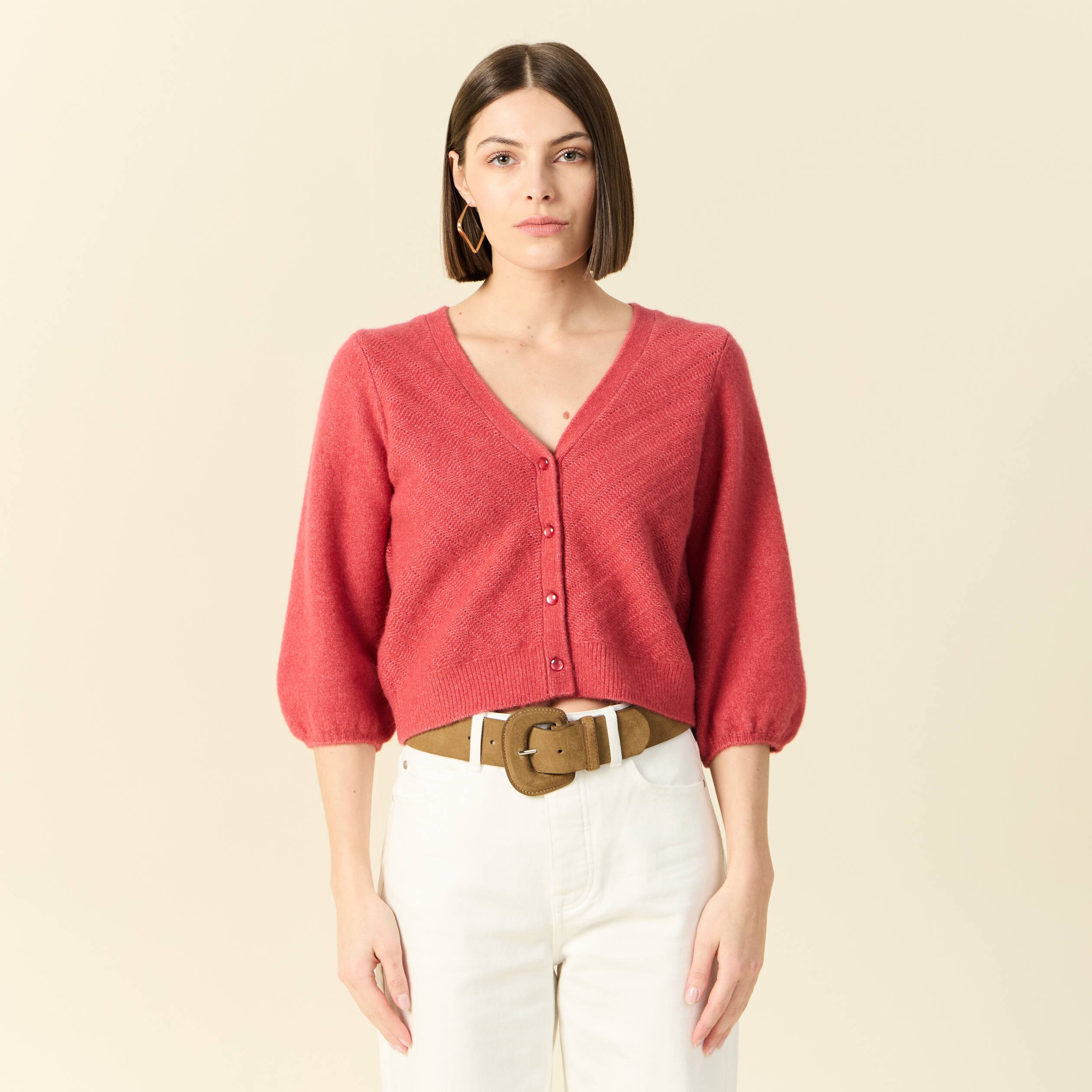 gilet manches 34 rose framboise femme Gilet manches 3/4 rose framboise femme