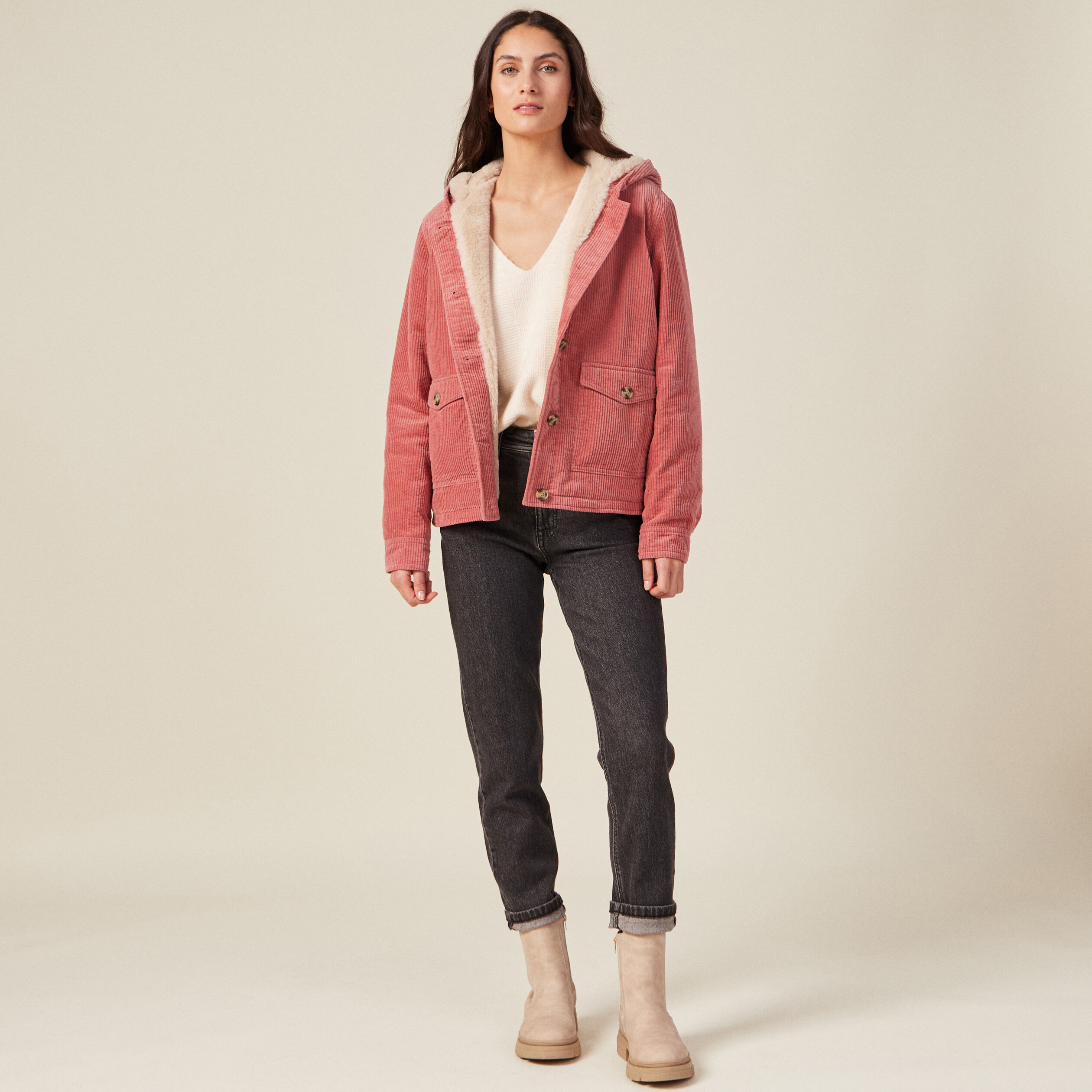 Blouson droit capuche velours rouge clair femme