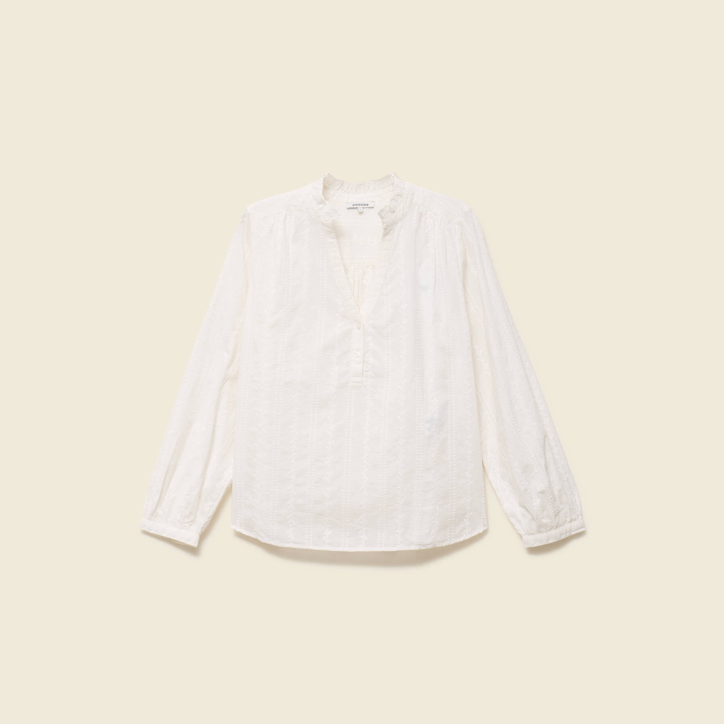 Blouse col mao manches longues en coton ecru femme