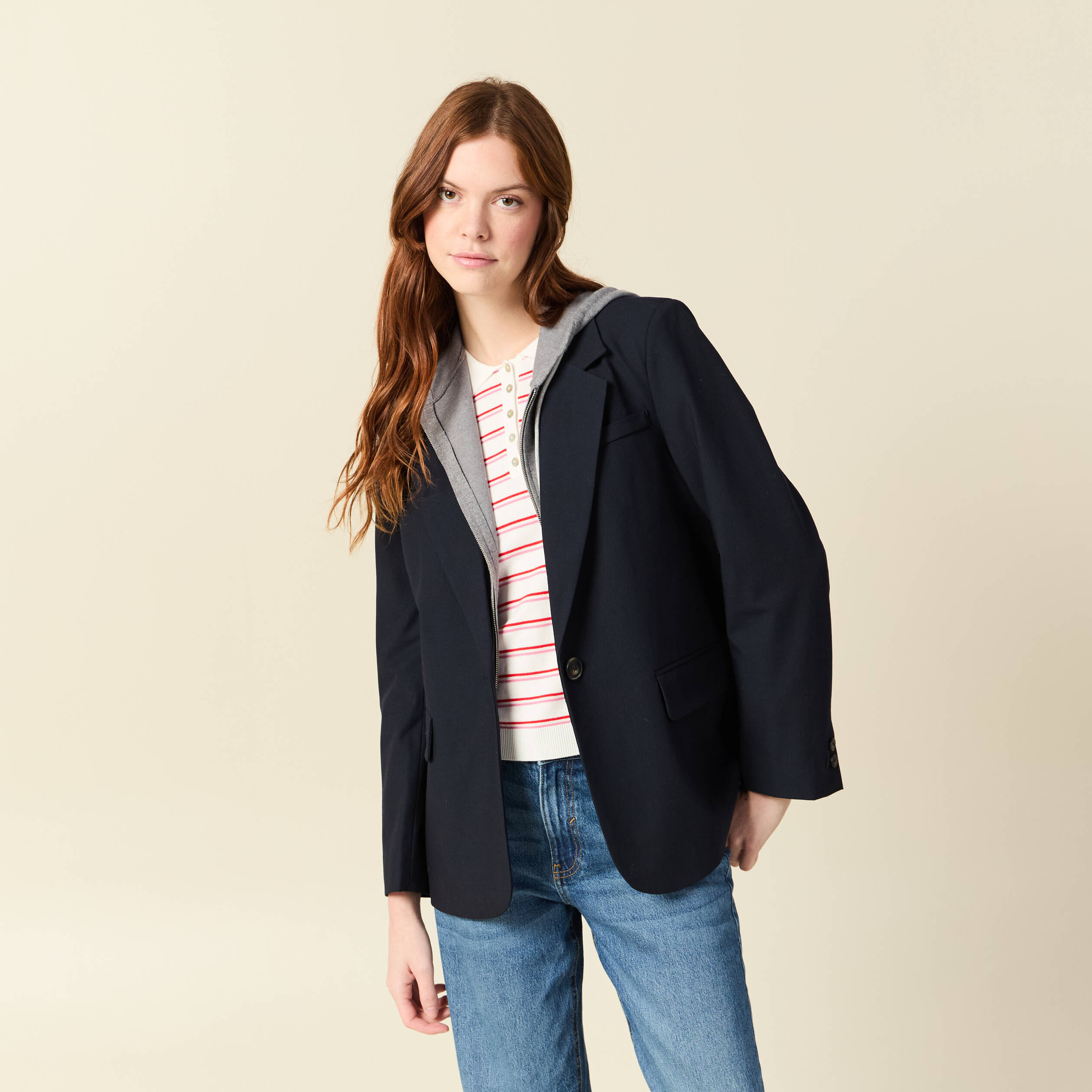 Blazer manches longues col tailleur bleu marine femme