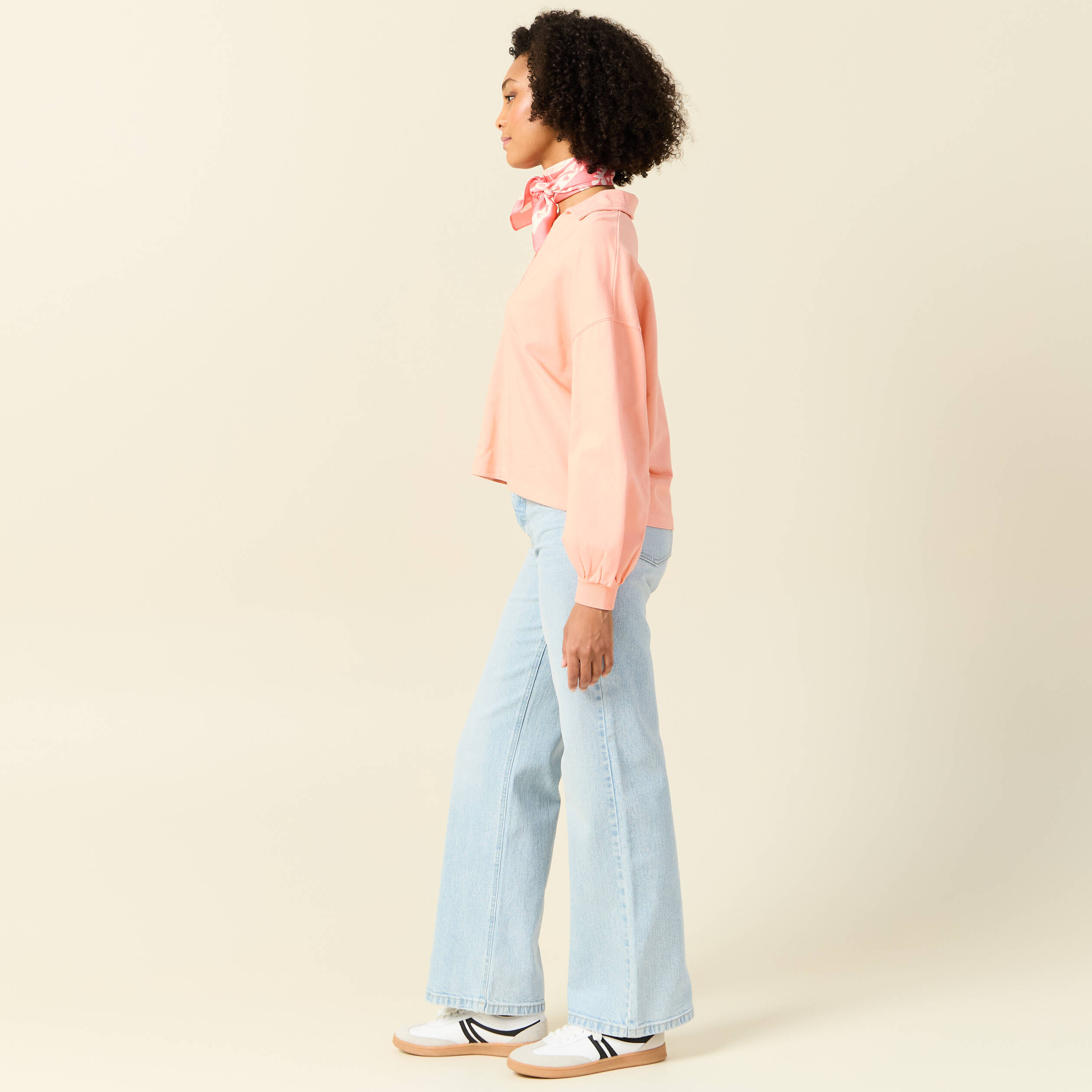 sweat manches longues col polo rose saumon femme Sweat manches longues col polo rose saumon femme