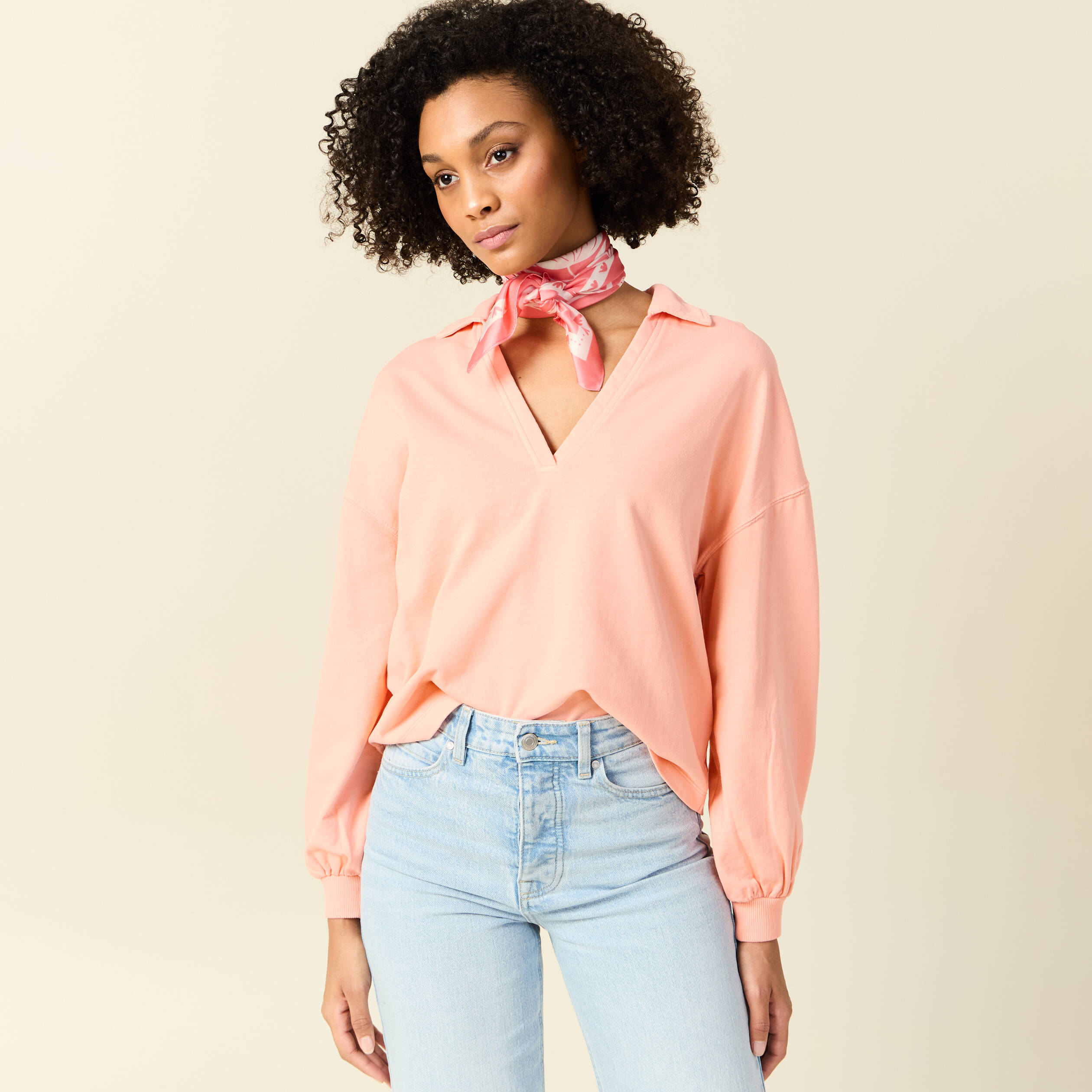 sweat manches longues col polo rose saumon femme Sweat manches longues col polo rose saumon femme