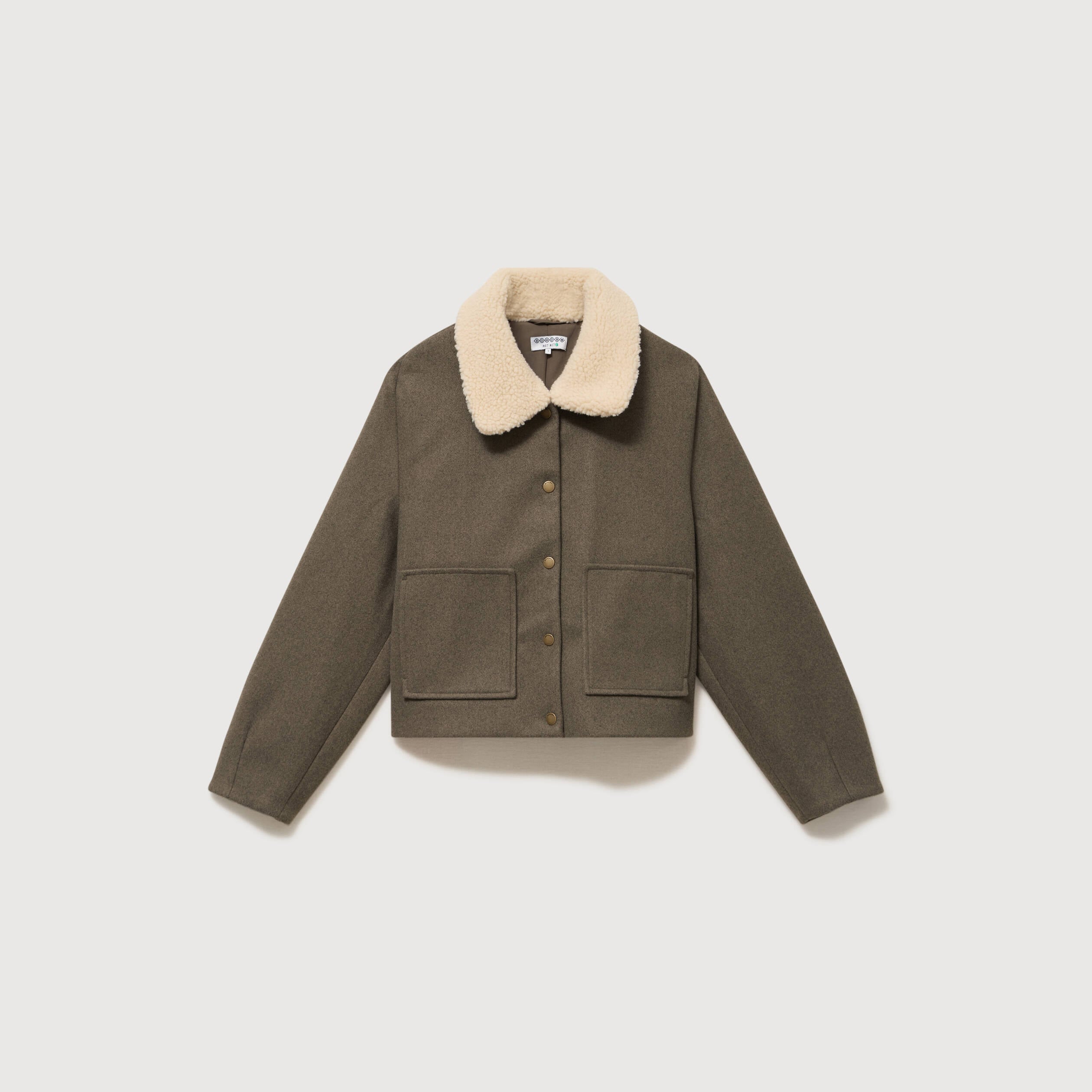 Blouson court oversize col sherpa vert kaki femme