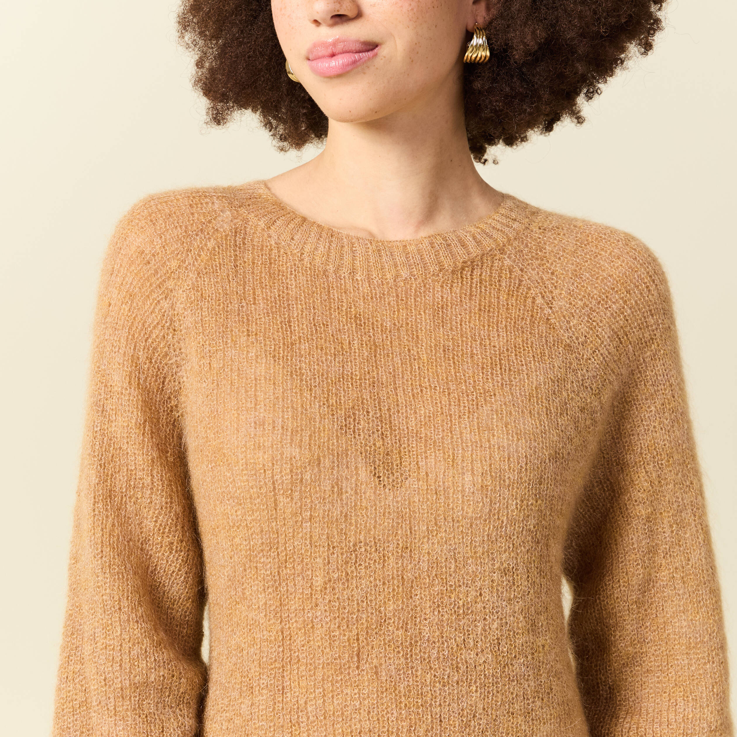 Pull manches longues col rond camel femme