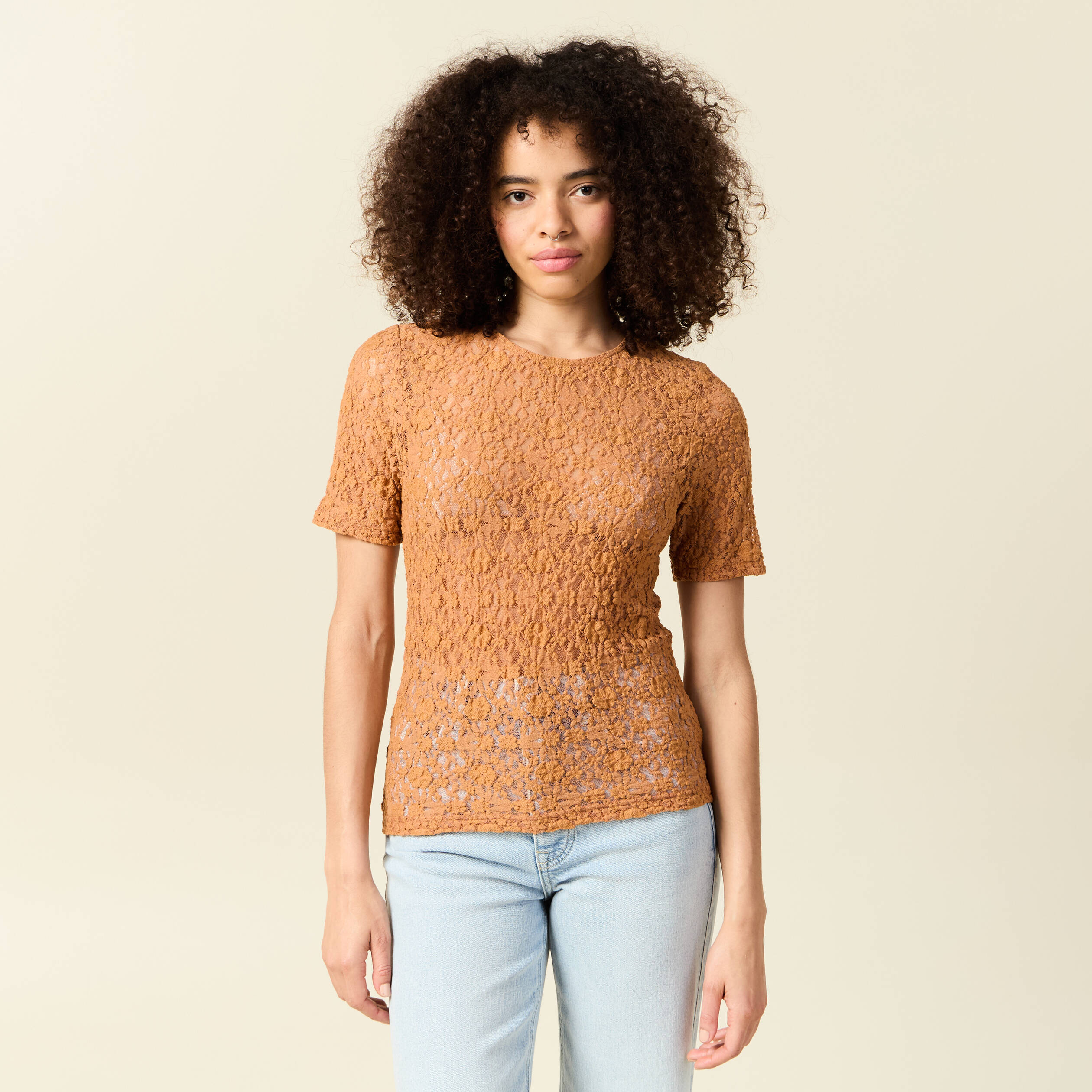 t shirt cintre col rond dentelle terracotta femme T-shirt cintré col rond dentelle terracotta femme