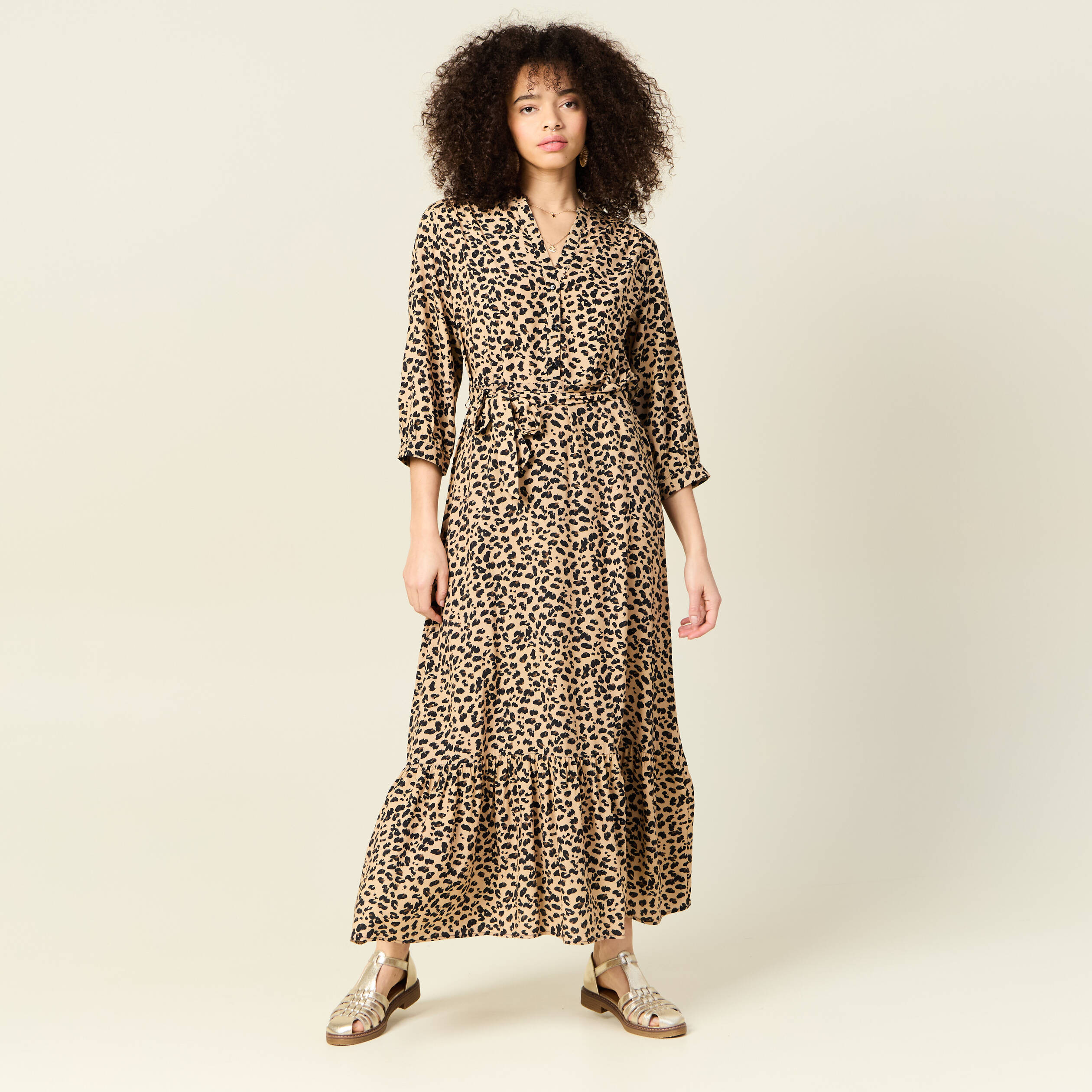 Robe longue droite manches 3/4 marron clair femme
