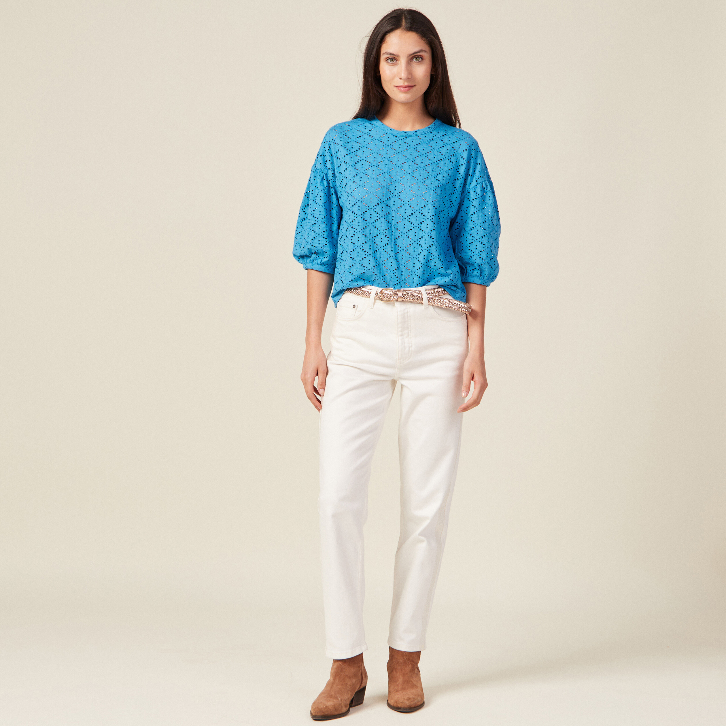 t shirt manches 34 ajoure bleu femme T-shirt manches 3/4 ajouré bleu femme