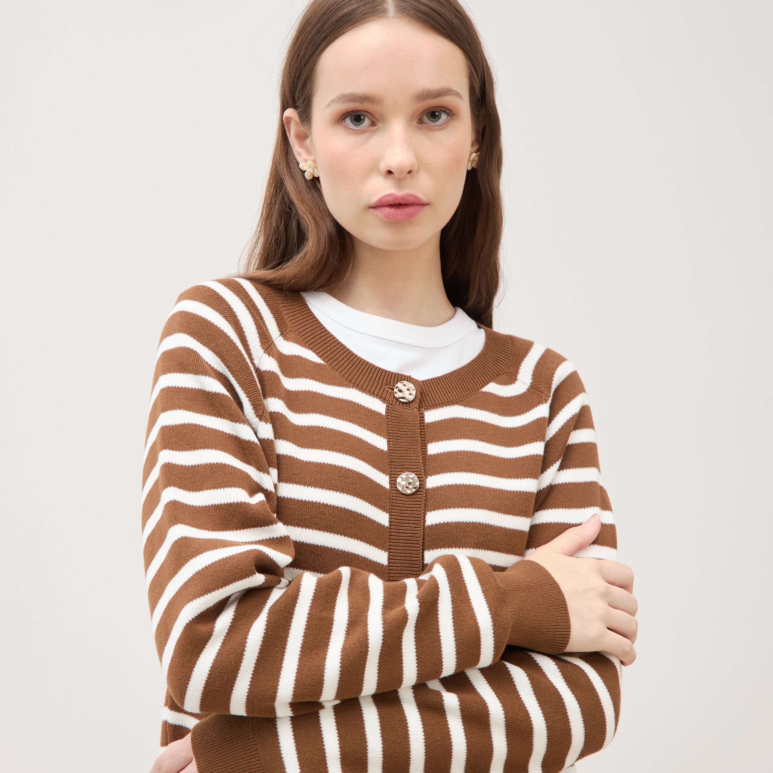 Gilet manches longues col rond en coton marron femme