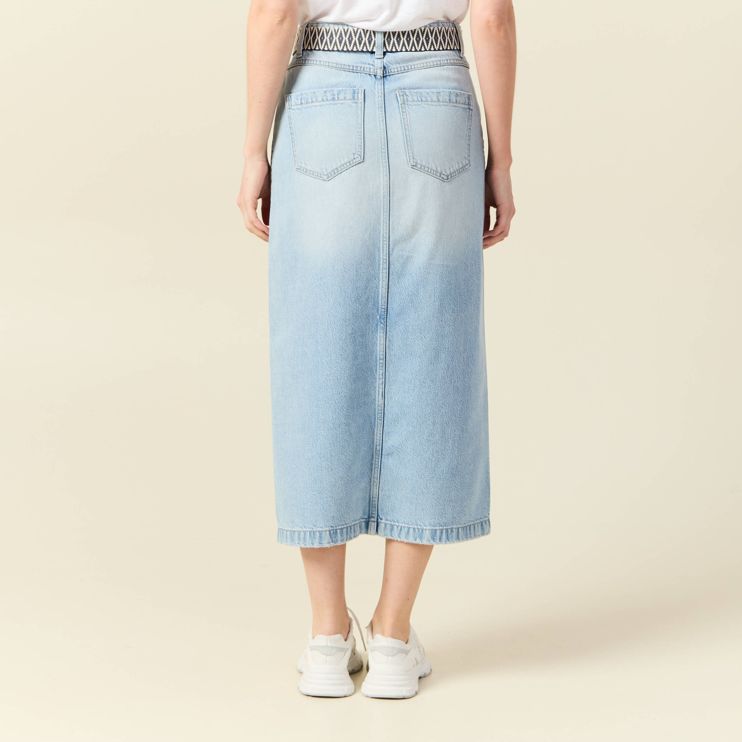 Jupe longue droite en jean denim bleach femme