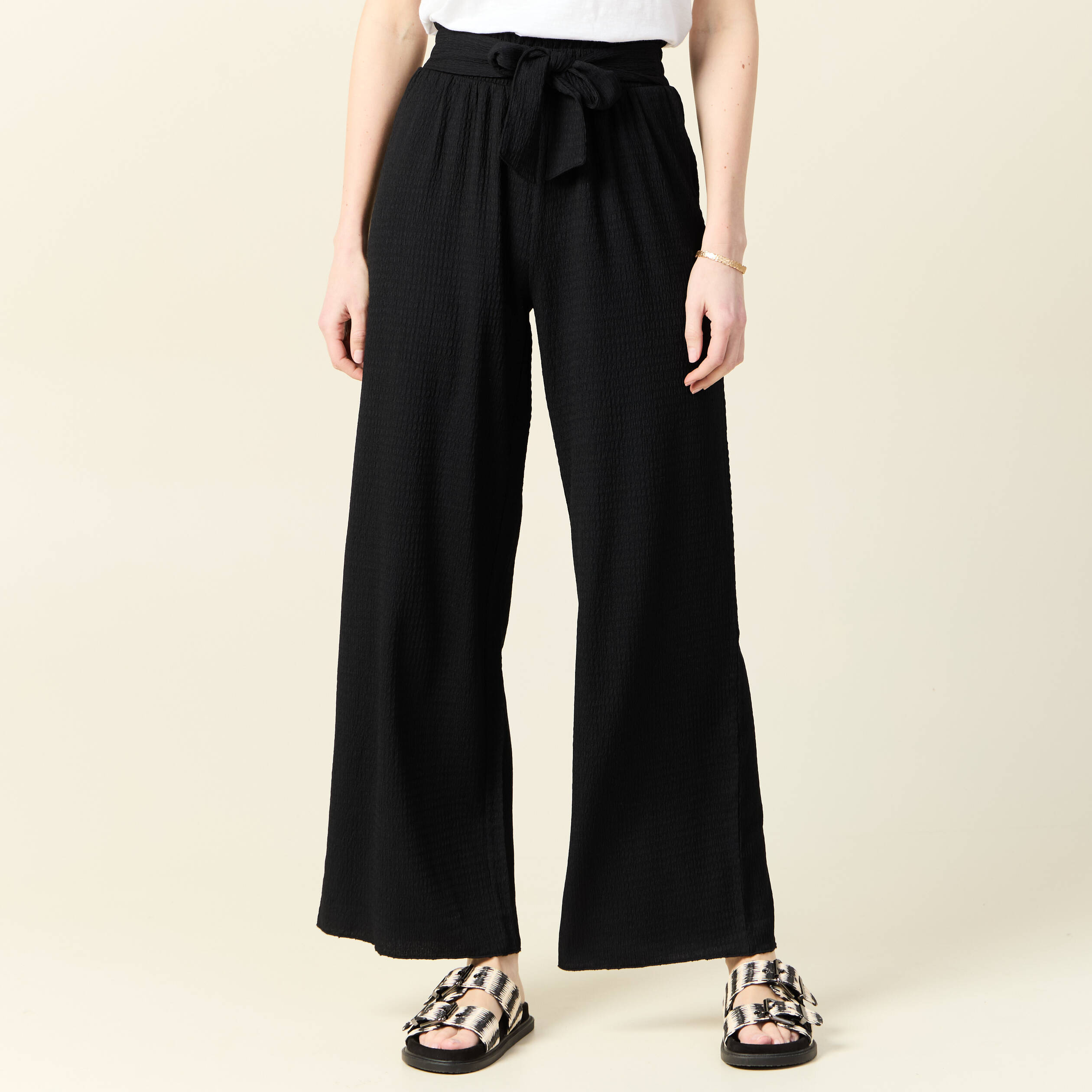 pantalon large fluide noeud noir femme Pantalon large fluide noeud noir femme