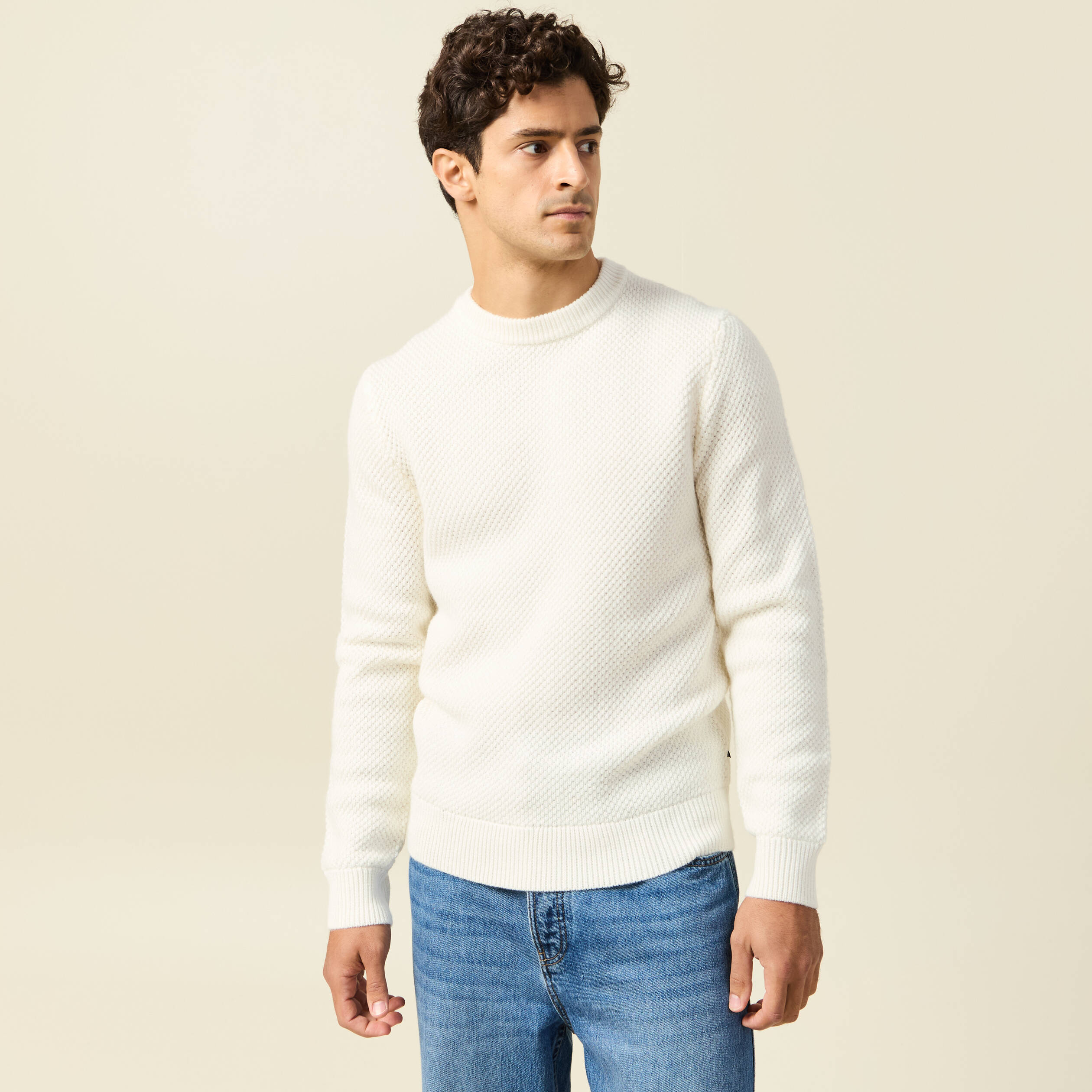 Pull col rond ecru homme