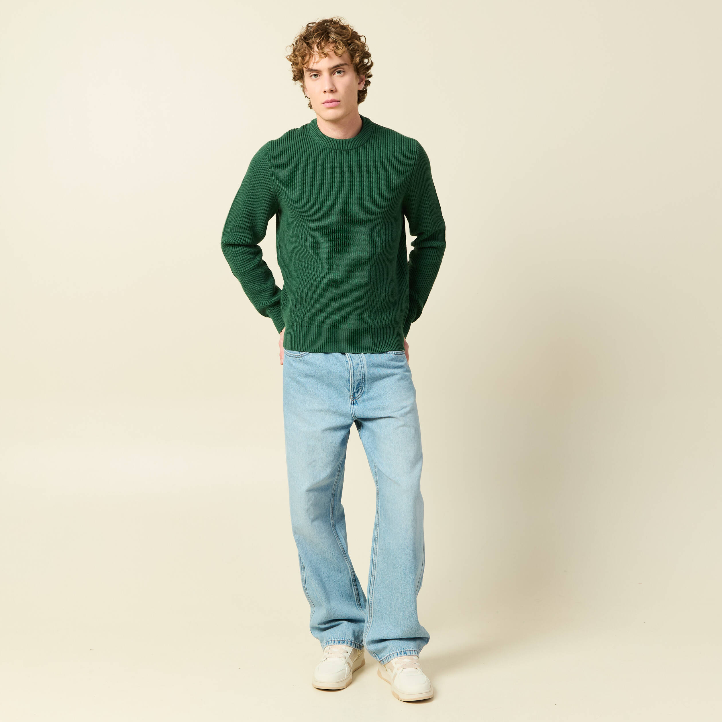 Pull fin manches longues col rond vert homme
