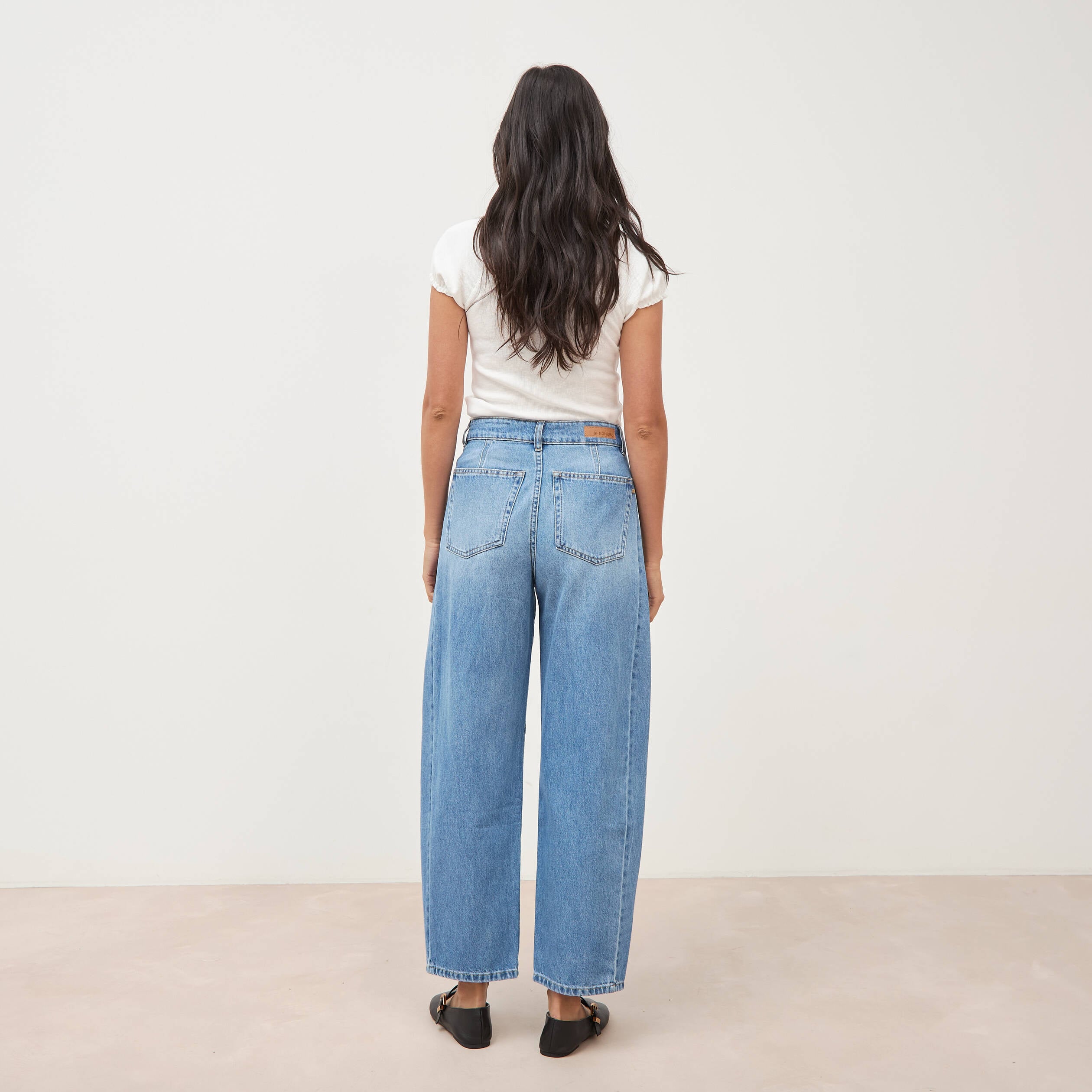 Jeans barrel taille haute broderie denim used femme