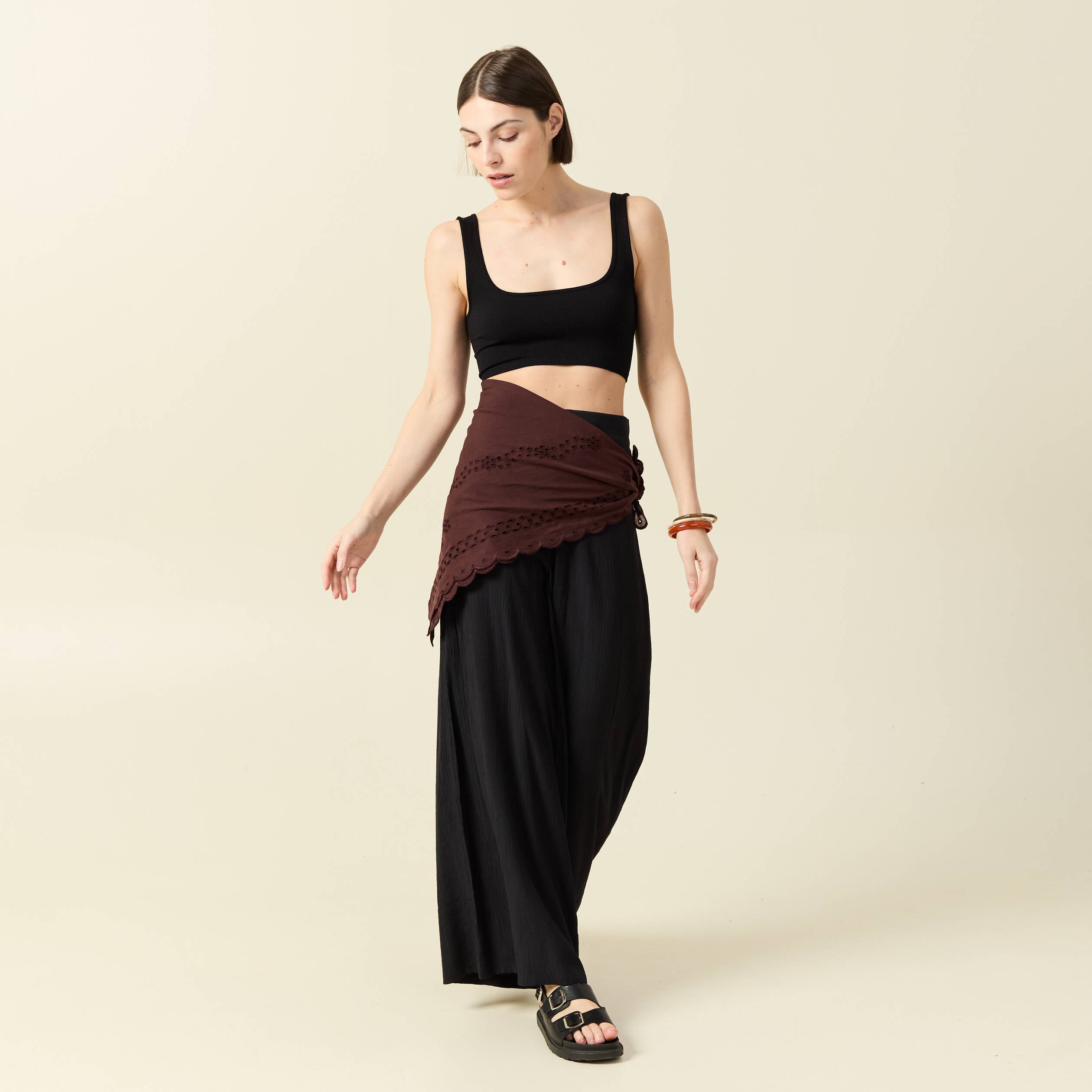 Pantalon large taille haute fluide noir femme