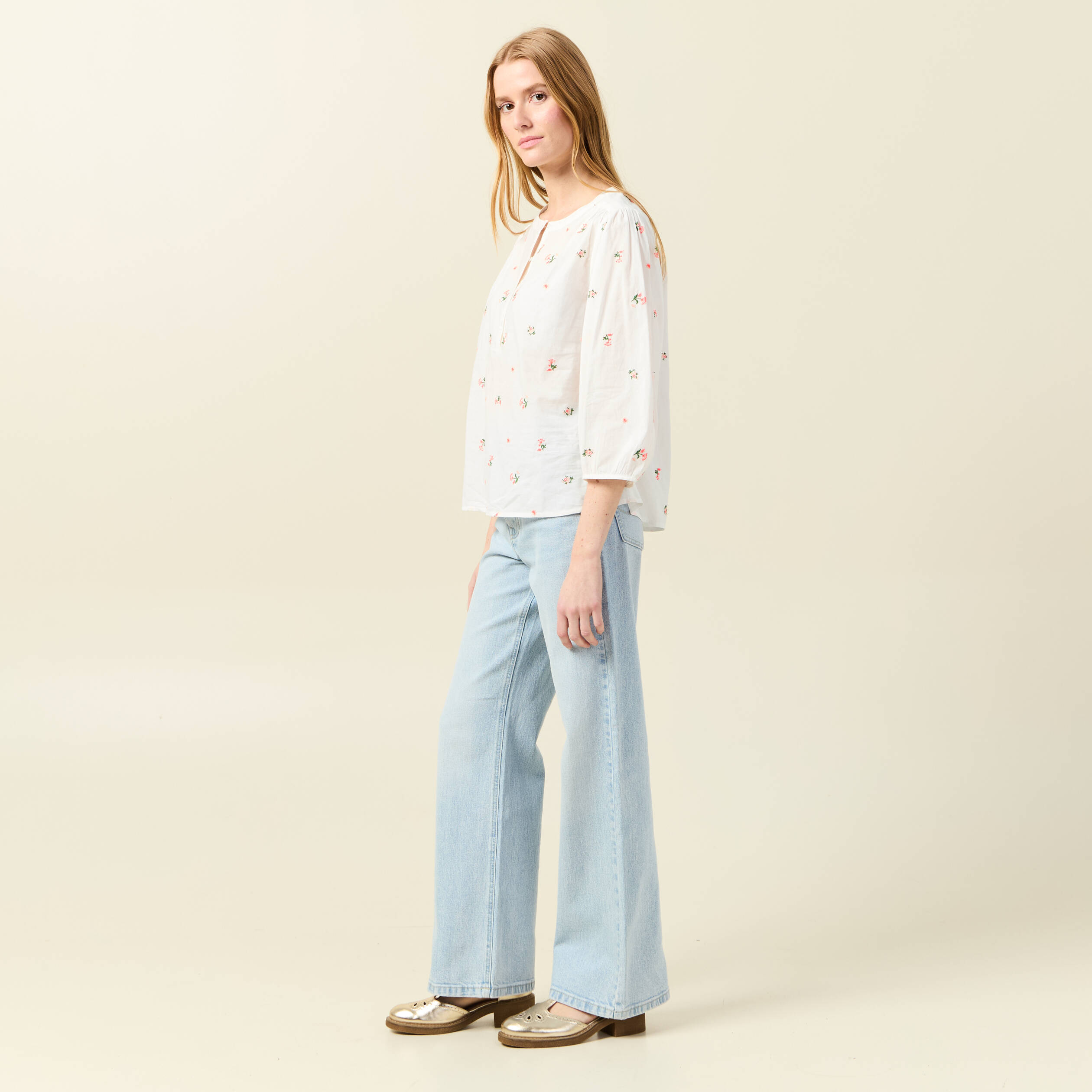 blouse manches 34 brodee blanc femme Blouse manches 3/4 brodée blanc femme