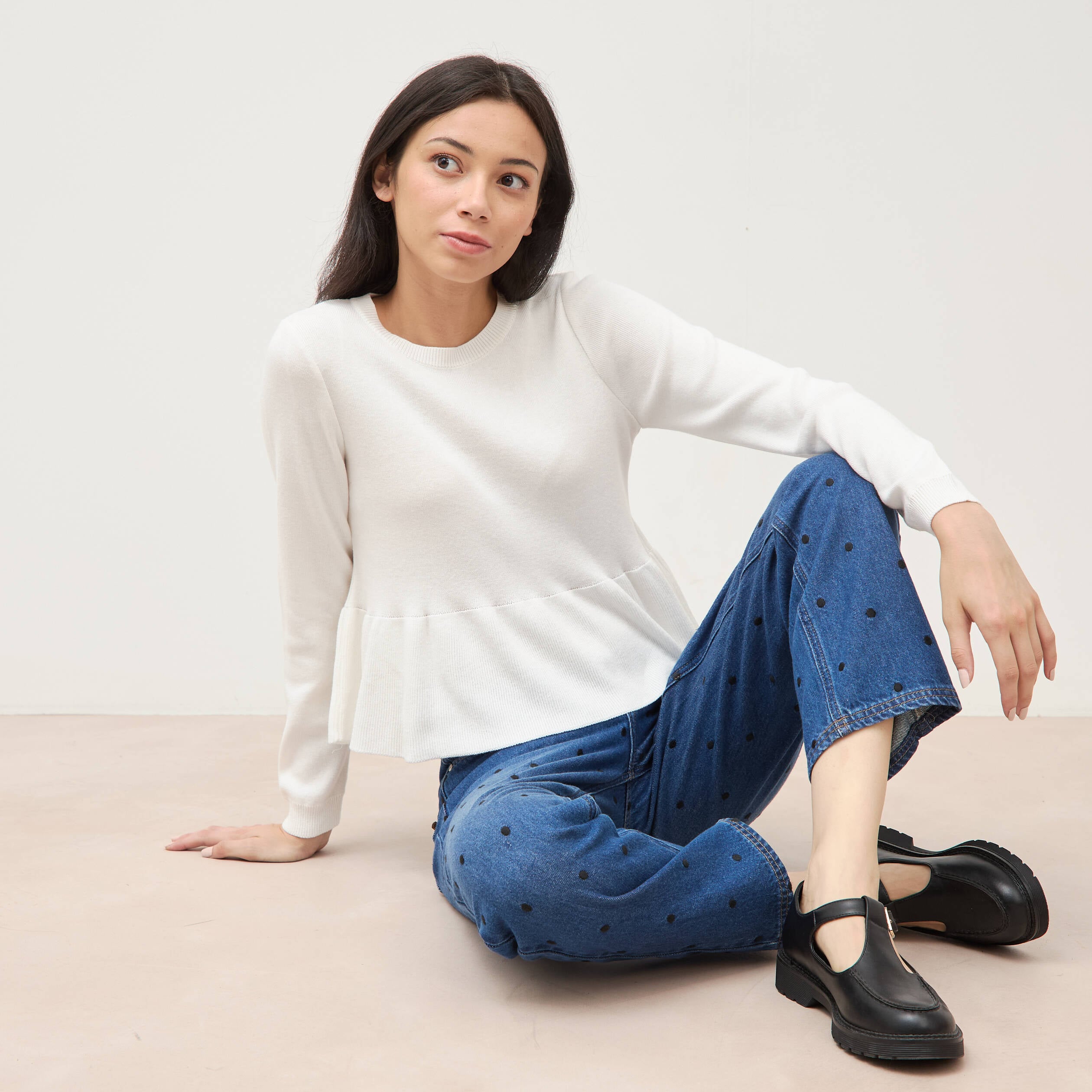 Pull col rond manches longues ecru femme
