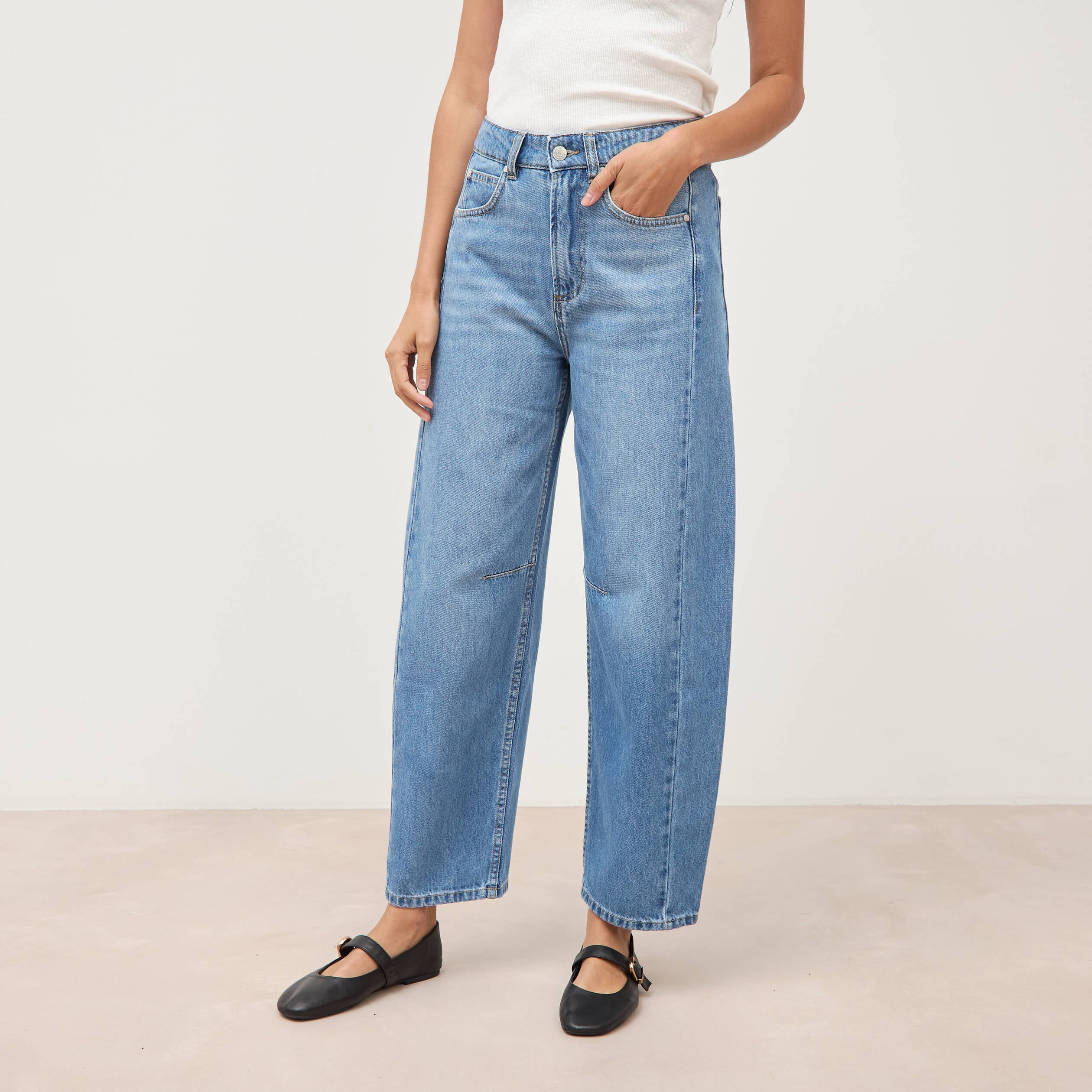 Jeans barrel taille haute broderie denim used femme